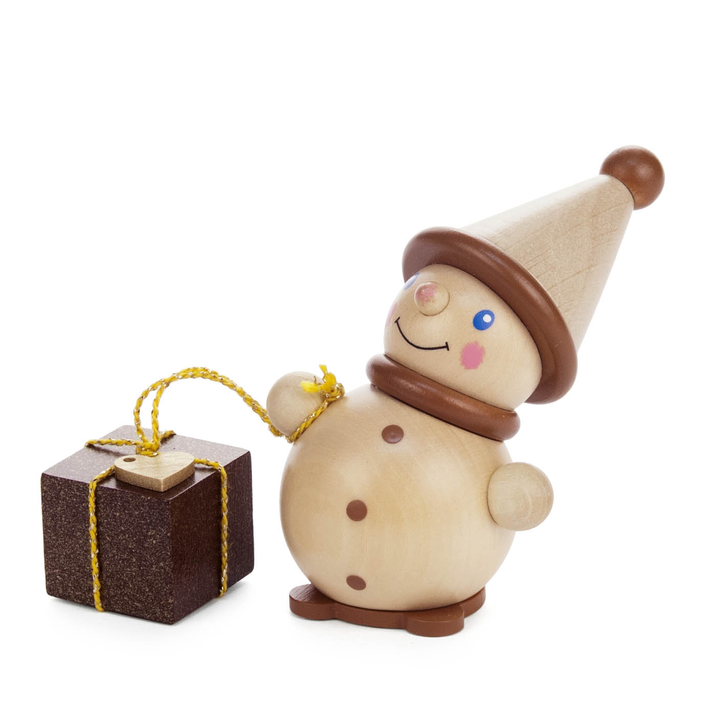 Holzwichtel in Naturfarben hält ein Geschenk mit goldener Schnur, ideal zur Dekoration von Vario-Leuchtern. im Dregeno Online Shop günstig kaufen