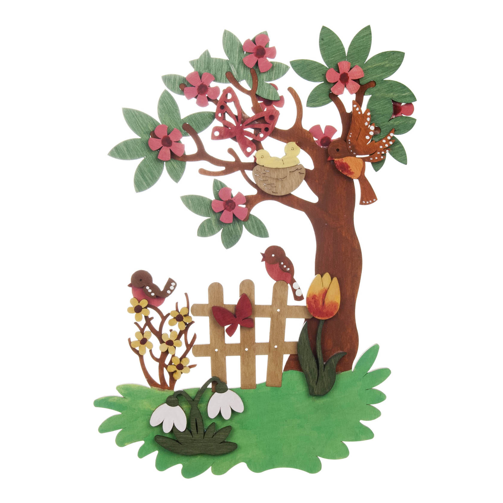 Ein Bastelset für ein Fensterbild zeigt einen Baum mit pinken Blüten, zwei Vögeln und einem Nest. Ein Zaun, Blumen und ein Schmetterling sind ebenfalls sichtbar. im Dregeno Online Shop günstig kaufen