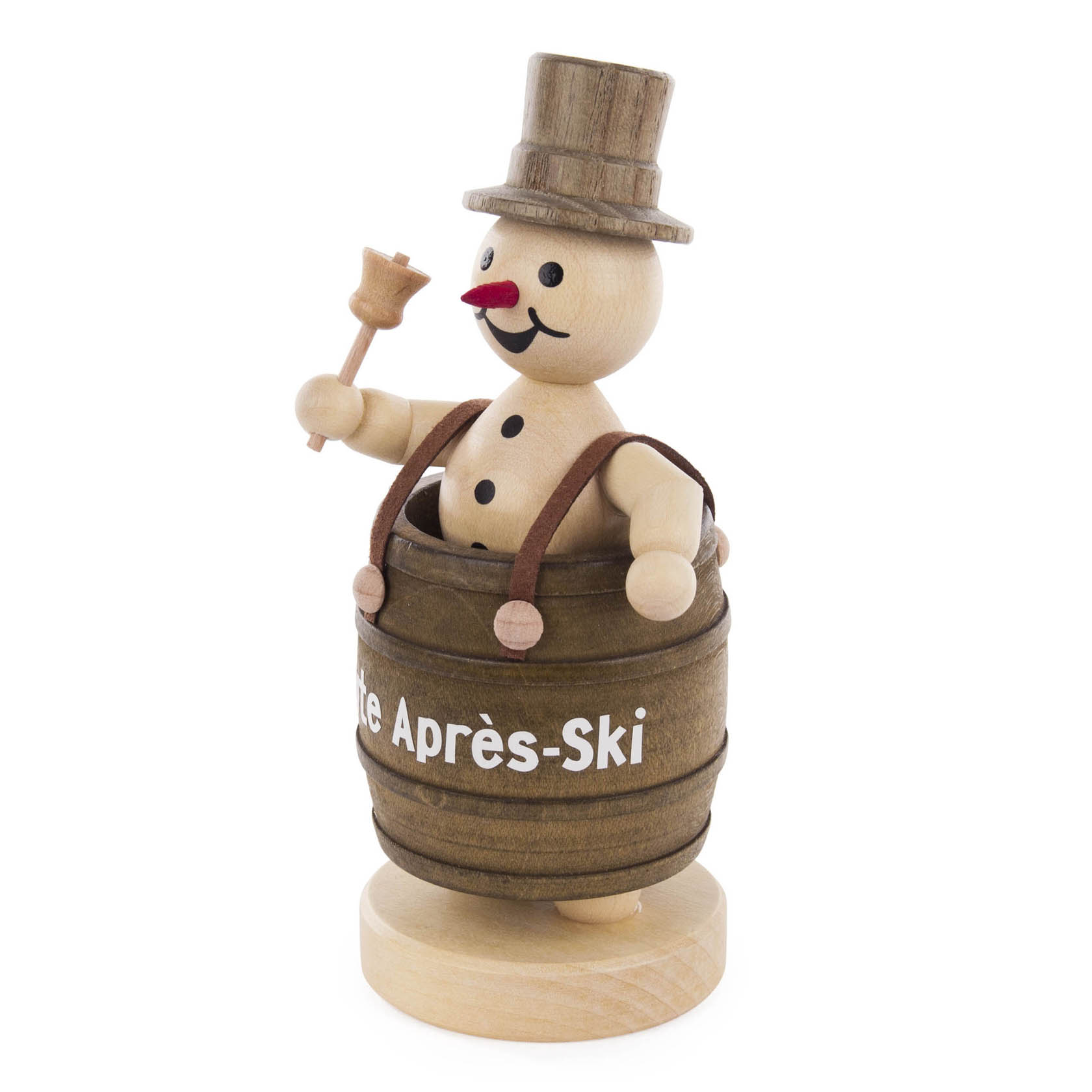 Holzfigur eines Schneemanns mit roter Nase und Zylinder, der in einem Holzfass steht, auf dem 'Apres-Ski' steht. Der Schneemann hält eine Glocke in der Hand.