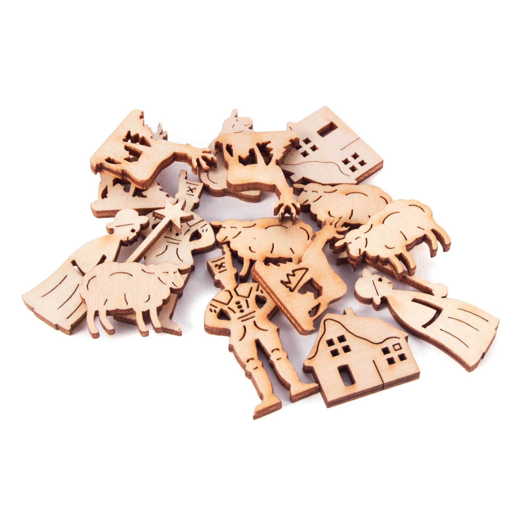 Eine Sammlung von 20 aus Holz gelaserten Weihnachtsmotiven in verschiedenen Formen, darunter Figuren, Schafe und Gebäude, mit einer Dicke von 10-20mm. im Dregeno Online Shop günstig kaufen
