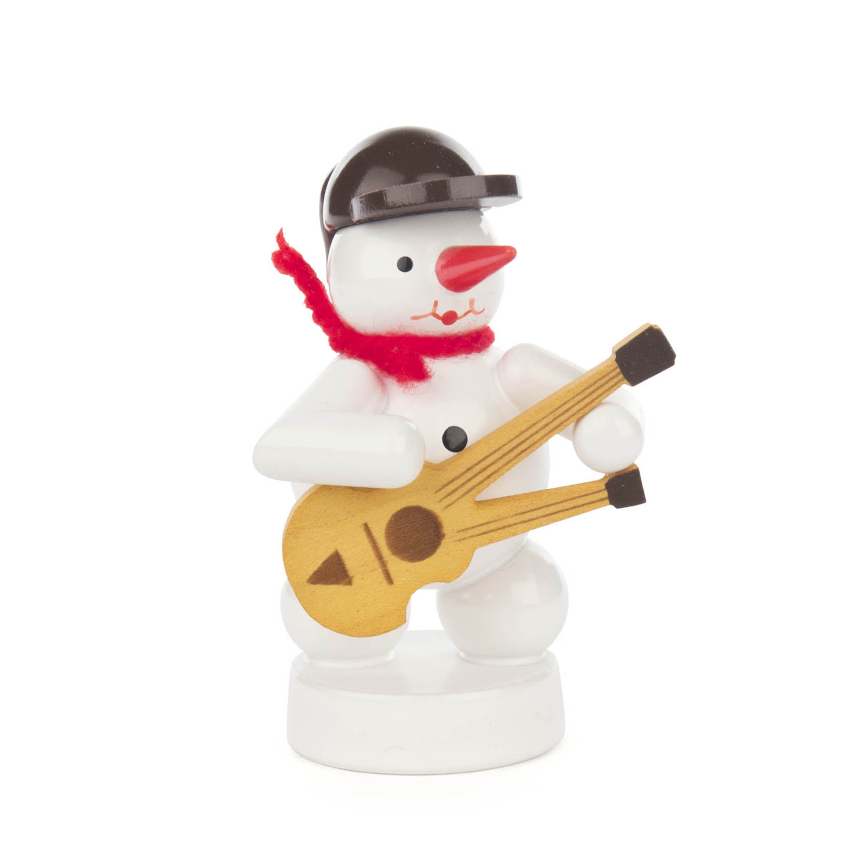 Ein Schneemann mit rotem Schal und schwarzem Hut hält eine Doppelhalsgitarre. Der Schneemann lächelt und steht auf einer weißen Basis. im Dregeno Online Shop günstig kaufen