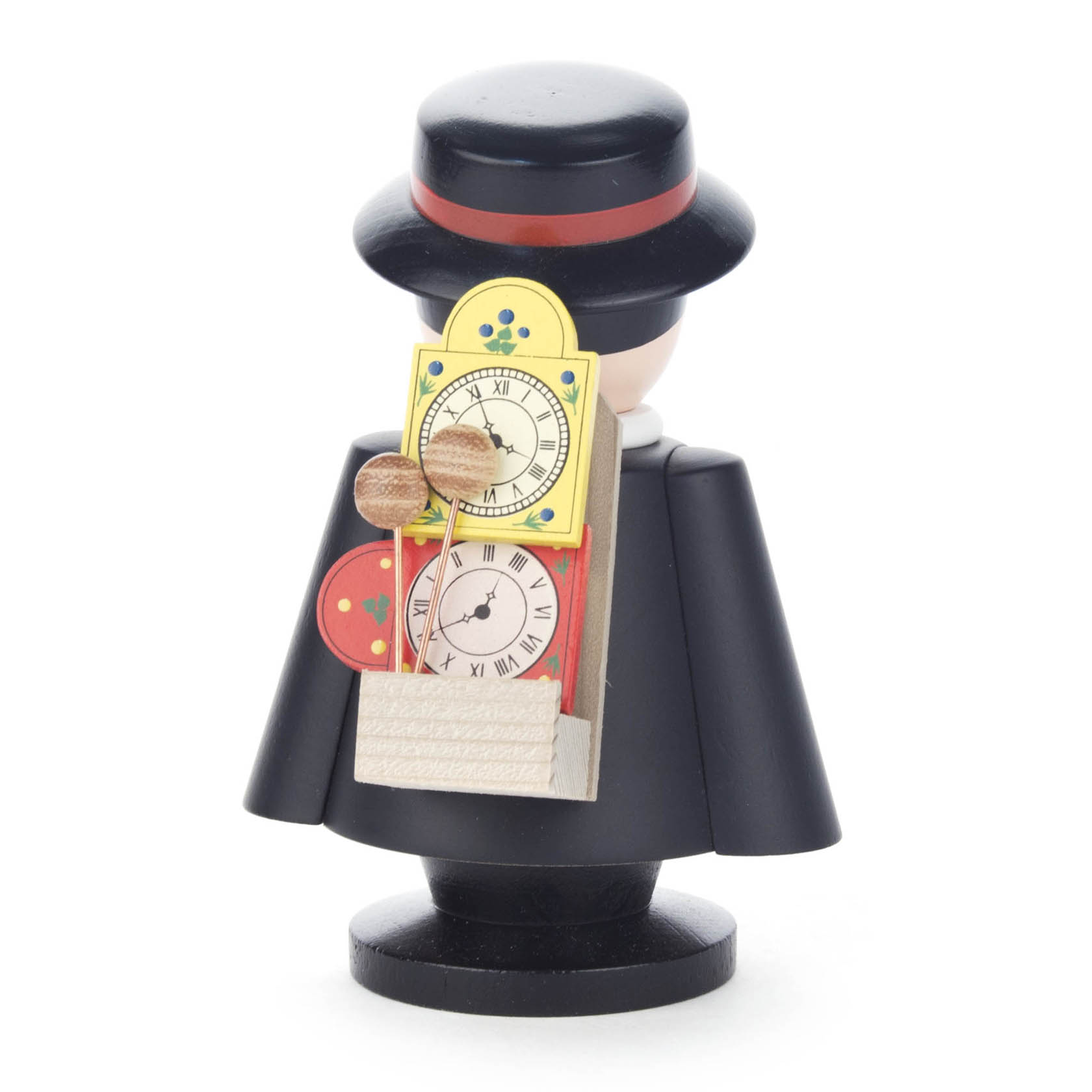 Wooden figurine of a traditional German incense smoker, designed as a watchmaker with clocks on his back, wearing a black coat and hat.