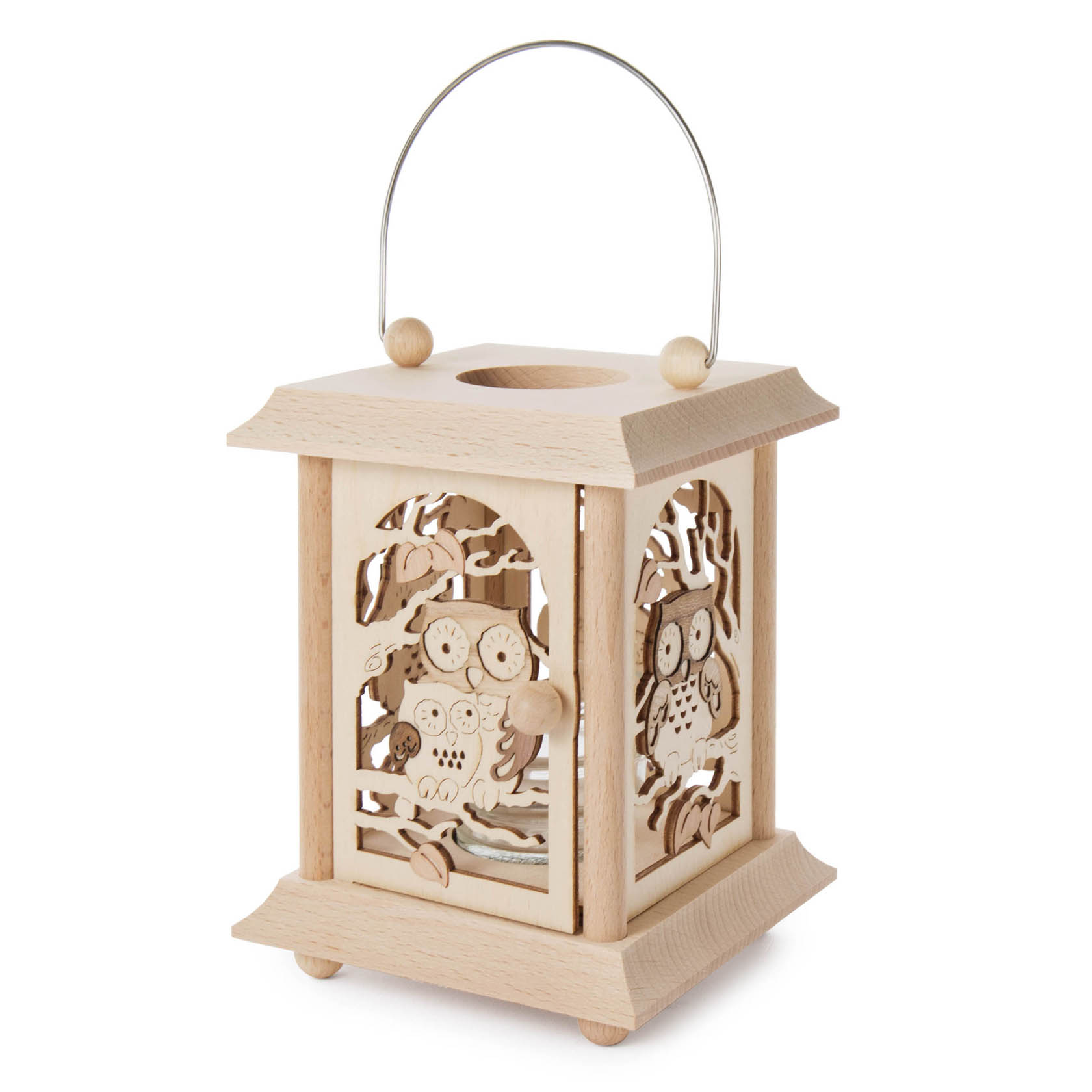 Holz-Tischlaterne mit Eulenschnitzerei und Glaseinsatz, geeignet für Teelicht oder Votivkerze. Laterne hat einen Metallgriff. im Dregeno Online Shop günstig kaufen