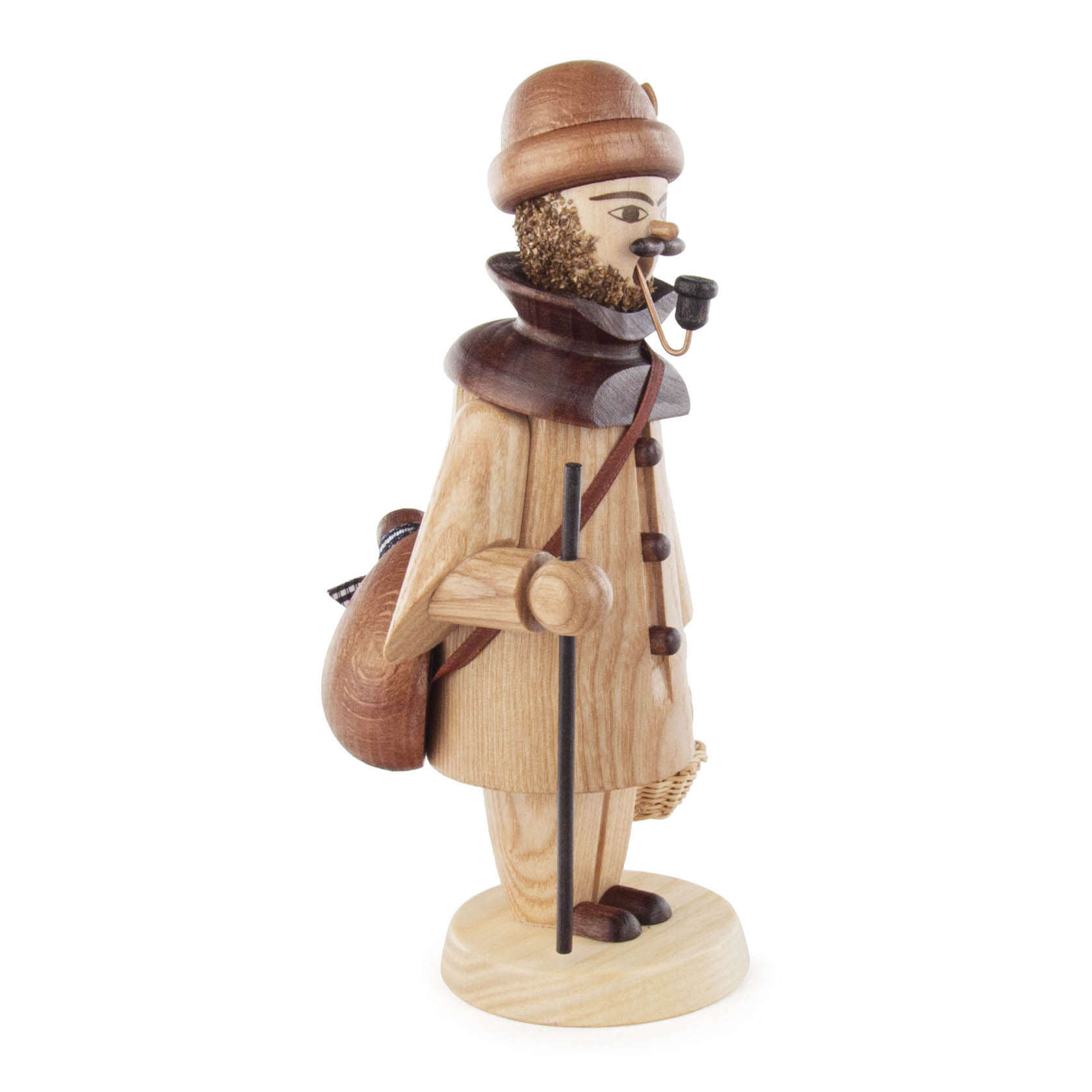 Wooden incense smoker figure of a bearded man with a hat, carrying a pipe, a basket, and a sack.