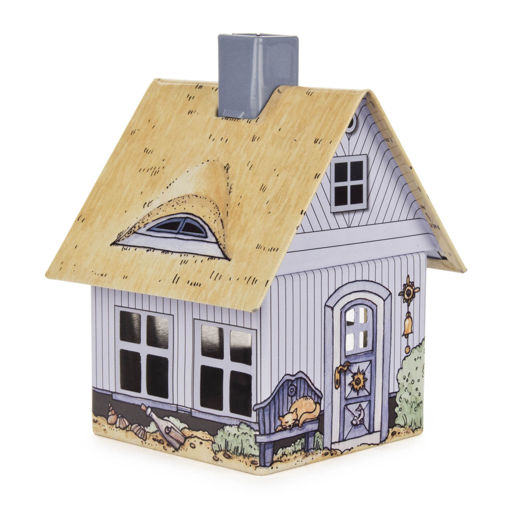 Kleines Metallhäuschen mit blondem Strohdach und Schornstein, das als Räucherhaus dient. Es ist in Form eines Strandhauses gestaltet mit Veranda und Muscheldekoration. im Dregeno Online Shop günstig kaufen