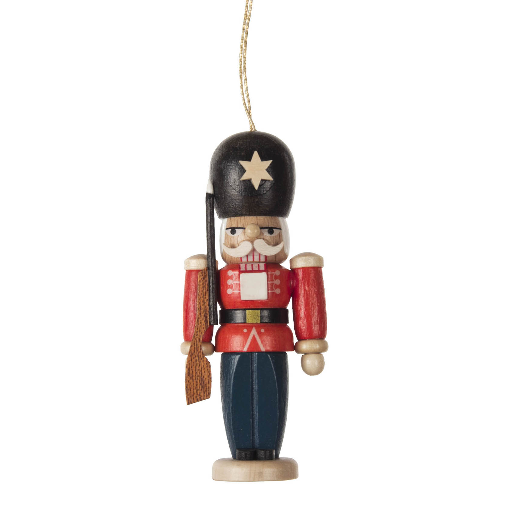 Holz-Nussknacker in Form eines Wachsoldaten mit roter Jacke, schwarzem Hut mit Stern und blauer Hose als Baumbehang Dekoration.