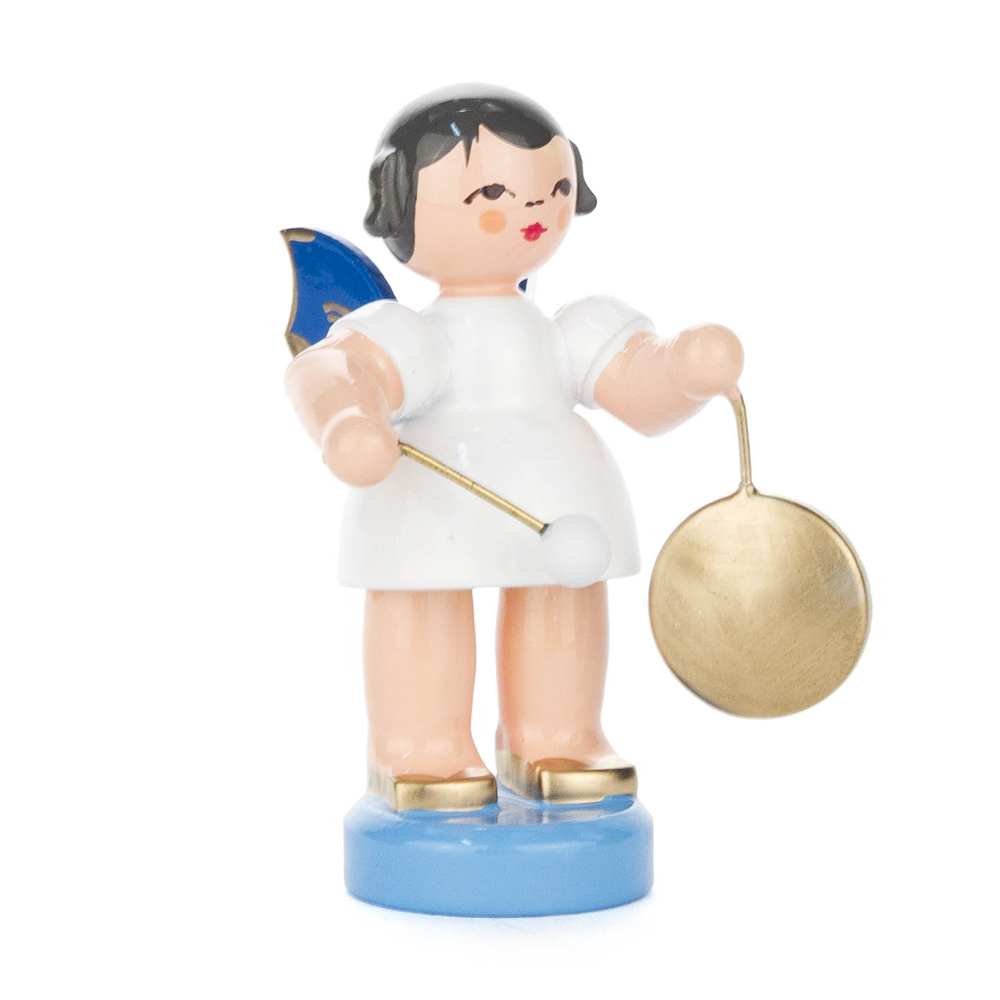 Holzfigur eines Engels mit blauen Flügeln, der einen kleinen Gong in der rechten Hand und einen Schlägel in der linken Hand hält. im Dregeno Online Shop günstig kaufen