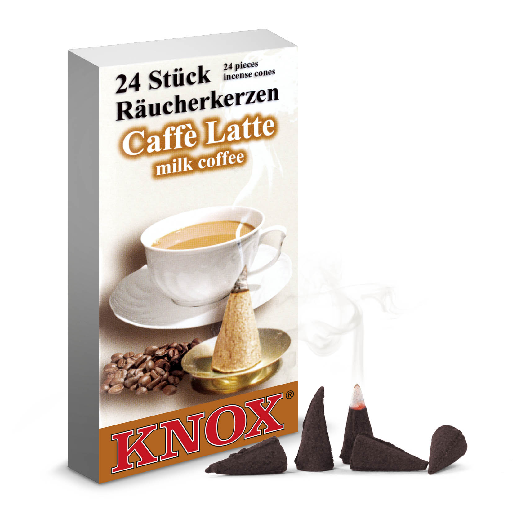 Box of KNOX incense cones labeled 'Café Latte milk coffee', with a cup of coffee and scattered incense cones emitting smoke. im Dregeno Online Shop günstig kaufen