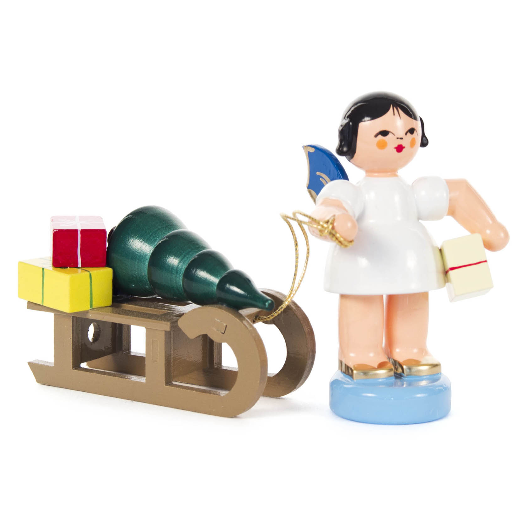 Engel mit Geschenkeschlitten, stehend, blaue Flügel im Dregeno Online Shop günstig kaufen