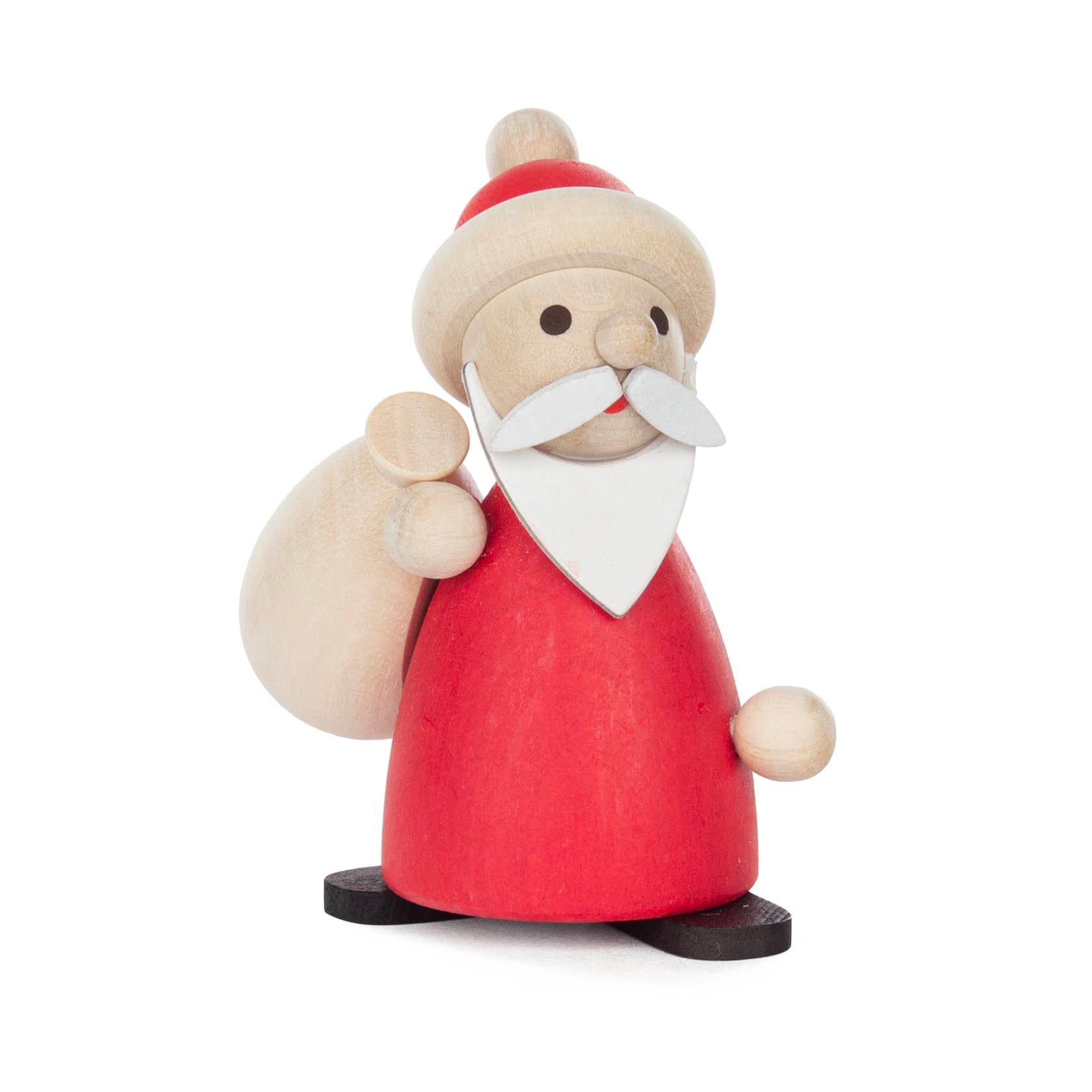 A wooden figurine of Ruprecht wearing a red robe and hat, with a white beard, holding a sack over his shoulder. im Dregeno Online Shop günstig kaufen