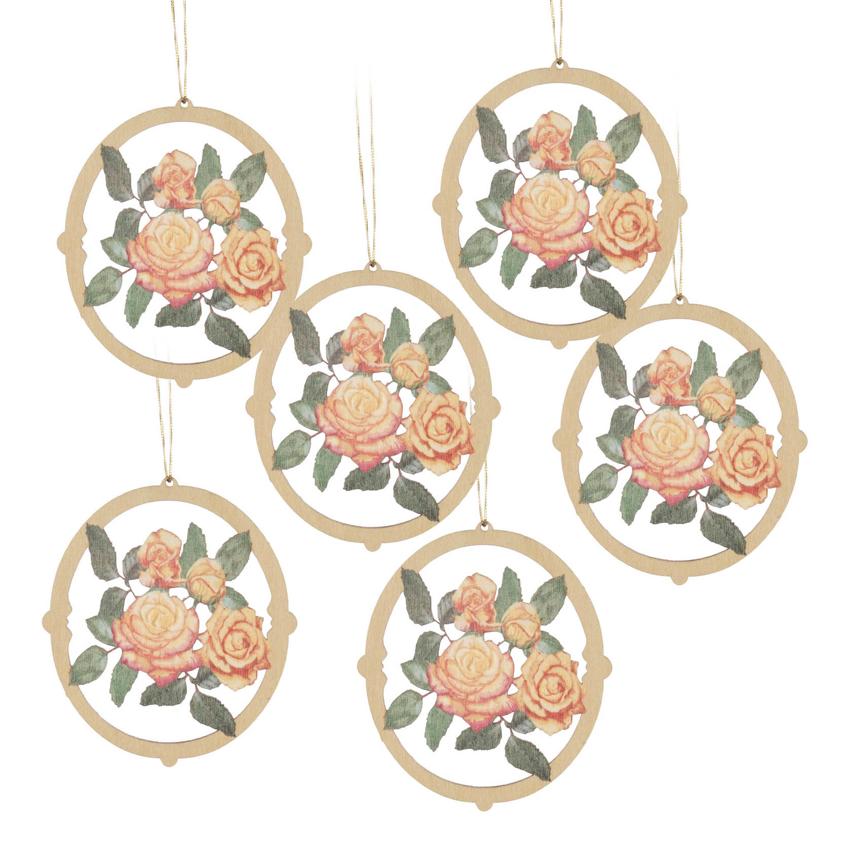 Six decorative circular cutouts with orange roses and green leaves, connected with strings for hanging.