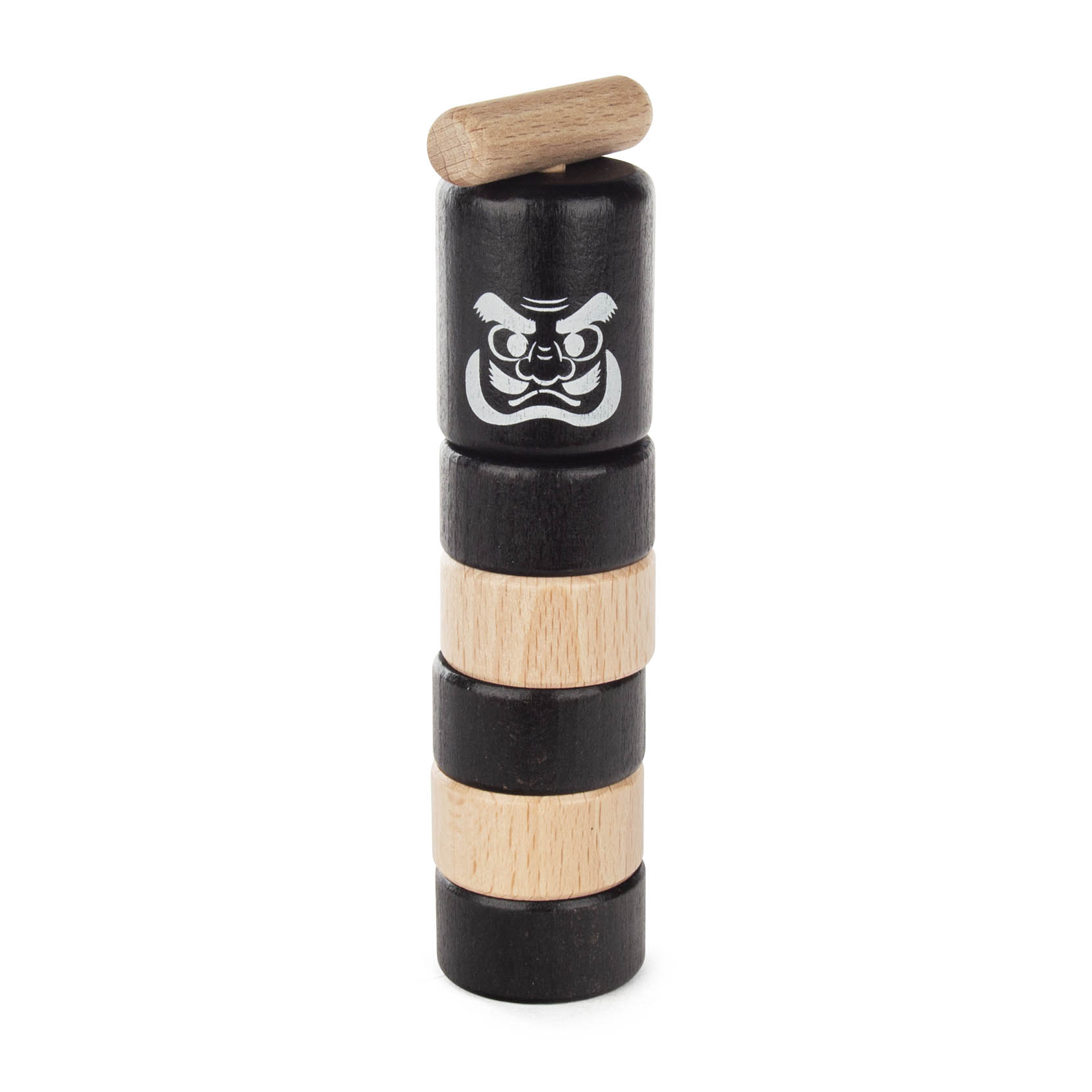 Daruma Otoshi game with a black Daruma face on top of a stack of alternating black and wooden cylinders, and a small wooden hammer placed on the top. im Dregeno Online Shop günstig kaufen
