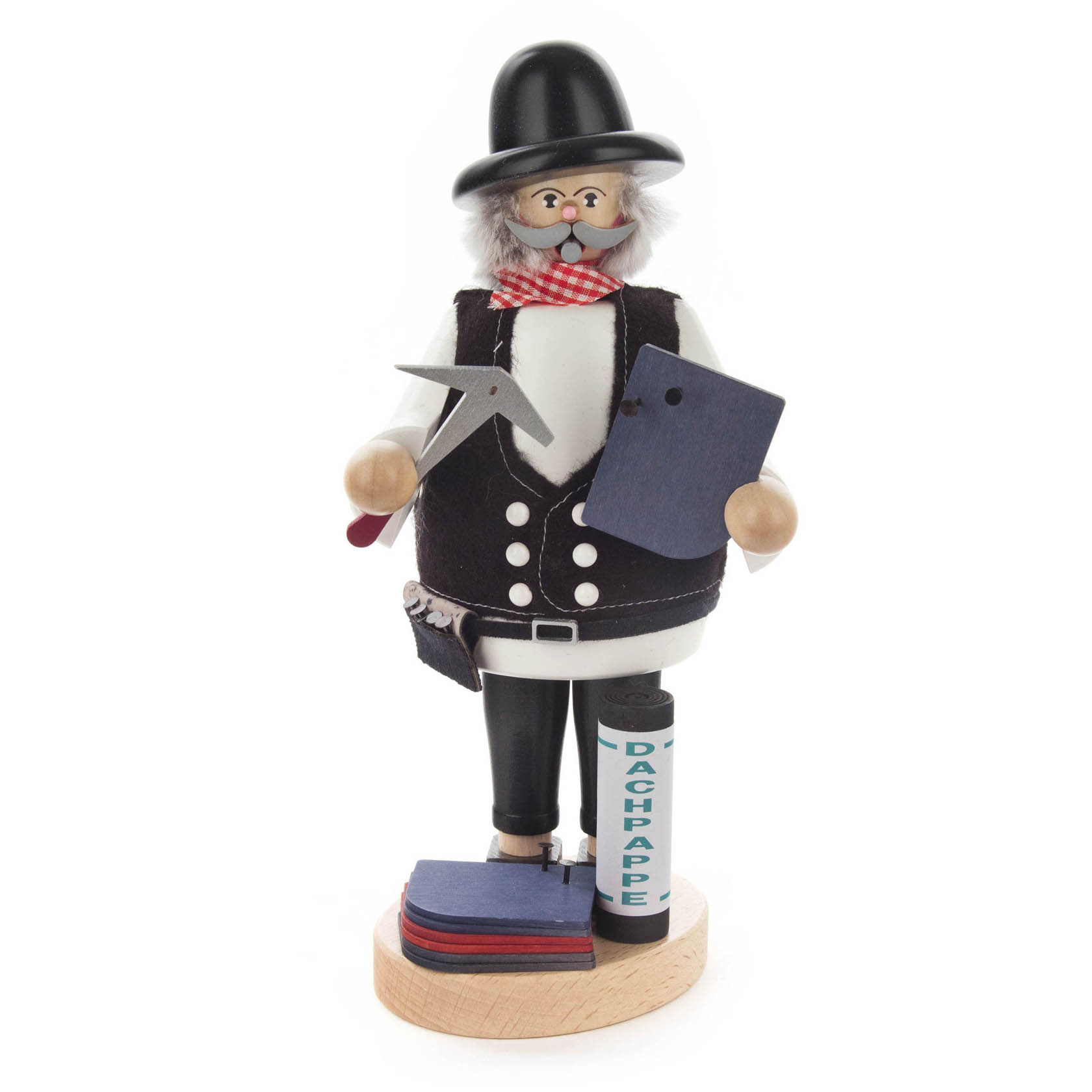 Wooden smoking man figurine of a roofer with a black hat, holding roofing tools and materials, standing on a wooden base. im Dregeno Online Shop günstig kaufen