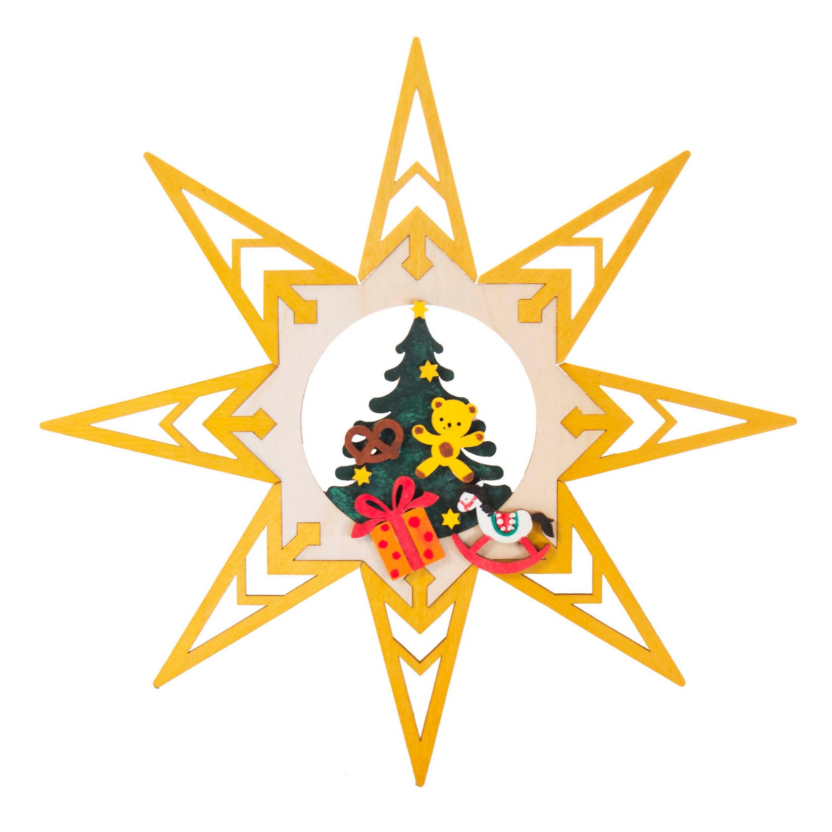 A craft set featuring a star window decoration with a diameter of 23.5 cm, decorated with a Christmas tree, pretzel, gingerbread, a gift, and a rocking horse. im Dregeno Online Shop günstig kaufen