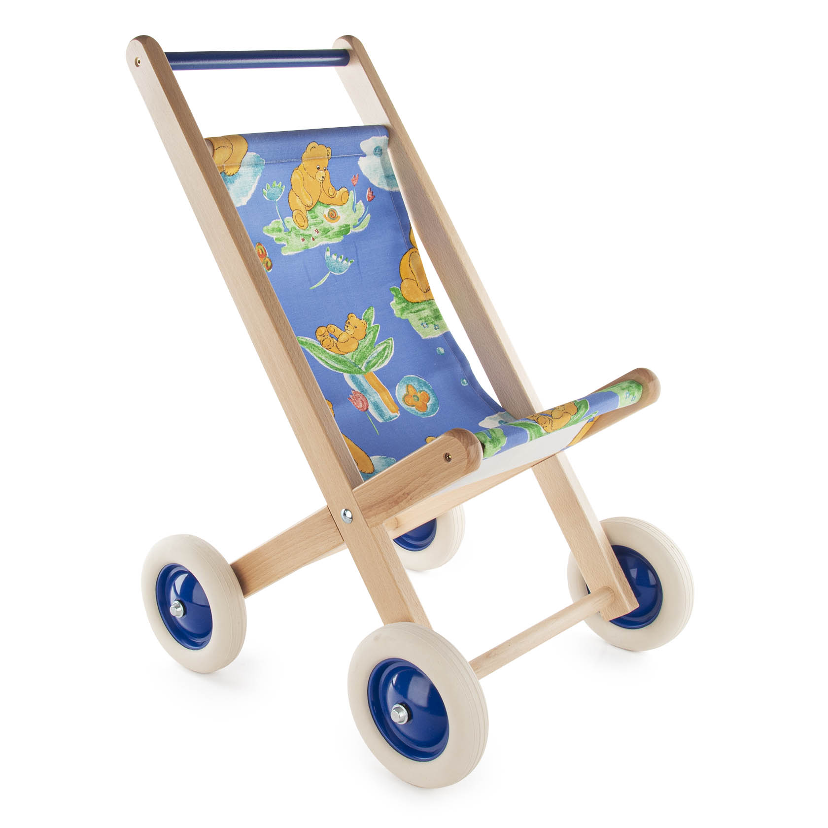Wooden doll stroller with blue fabric featuring playful animal prints, and blue wheels. im Dregeno Online Shop günstig kaufen