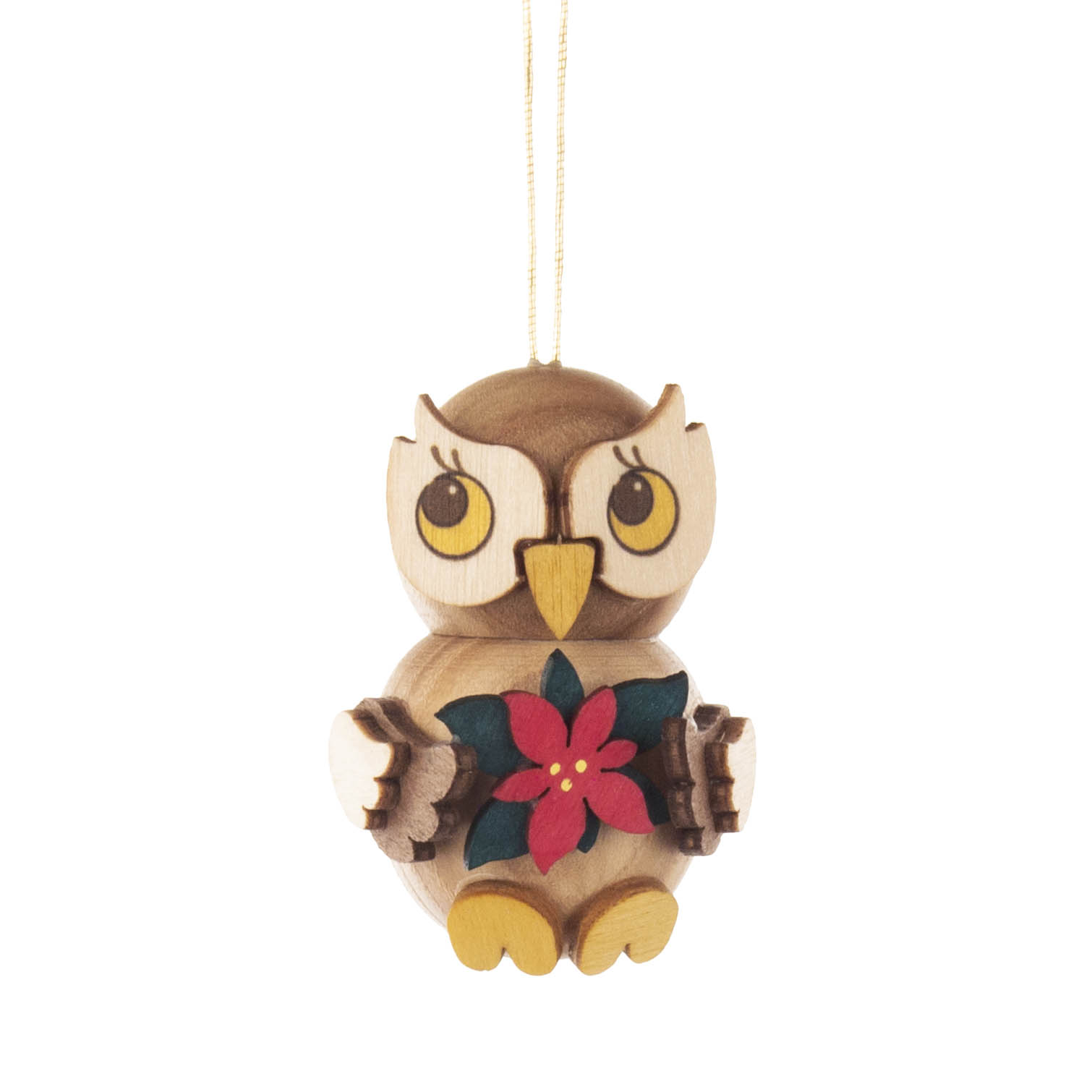 Holzeule als Christbaumschmuck, die ein rotes Weihnachtsstern-Motiv hält. im Dregeno Online Shop günstig kaufen