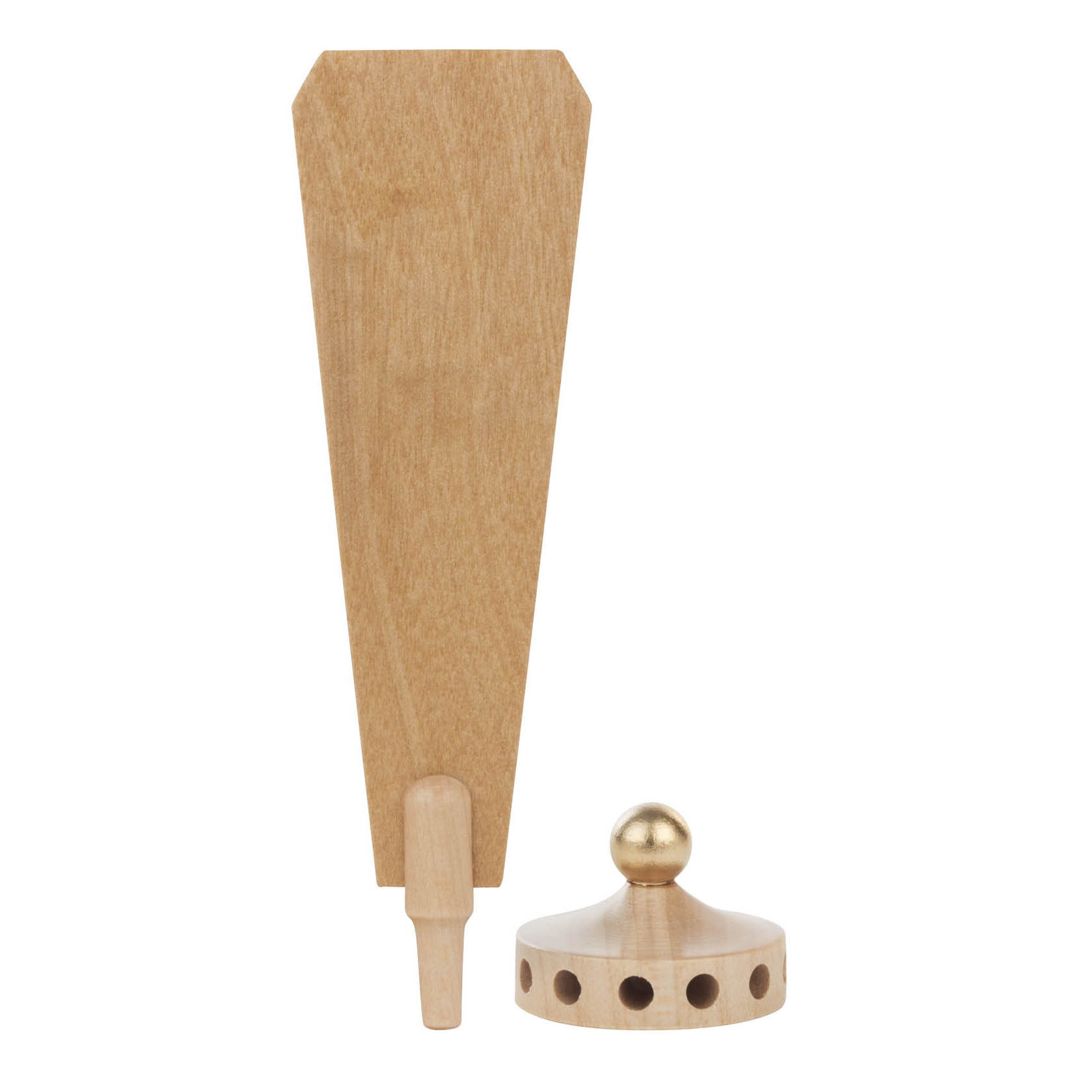 Wooden fan blade and round base with a brass sphere on top; the base has multiple holes around its circumference.