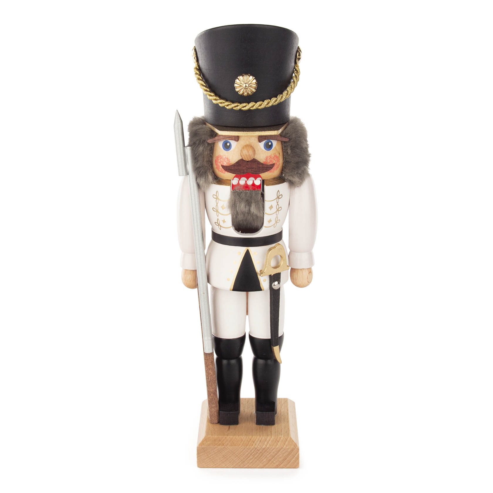 Ein traditioneller Nussknacker in Form eines Soldaten, 29 cm groß, mit weiß lasierter Uniform, schwarzem Hut und einem Speer in der rechten Hand. im Dregeno Online Shop günstig kaufen