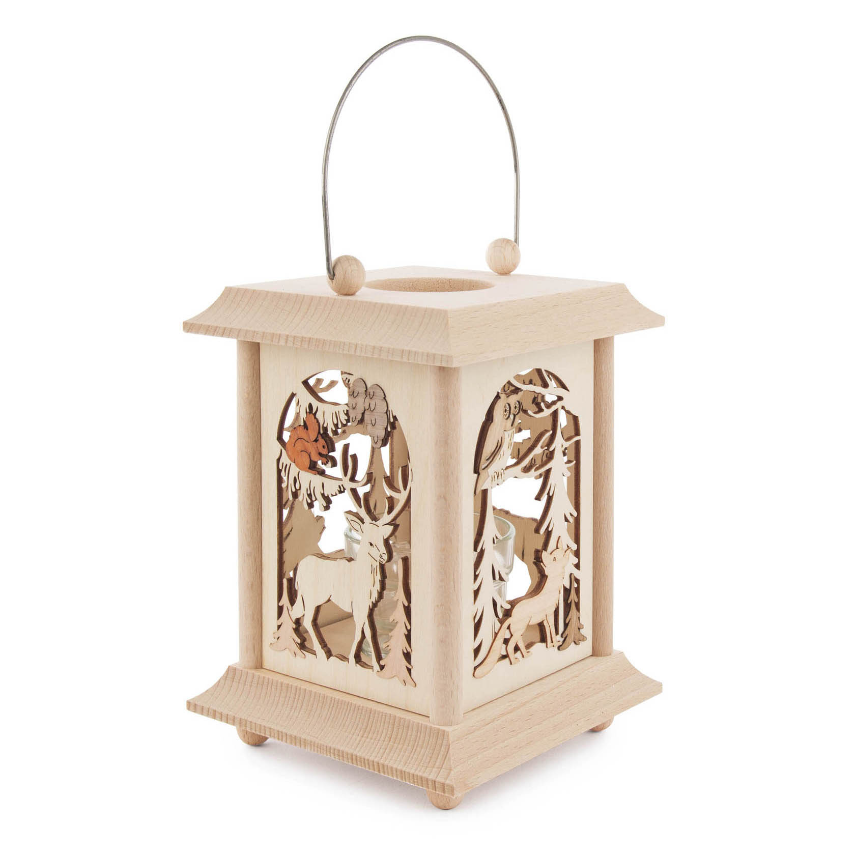 A wooden tabletop lantern with glass insert, featuring carved woodland animals including a deer and an owl, suitable for a tealight or votive candle.