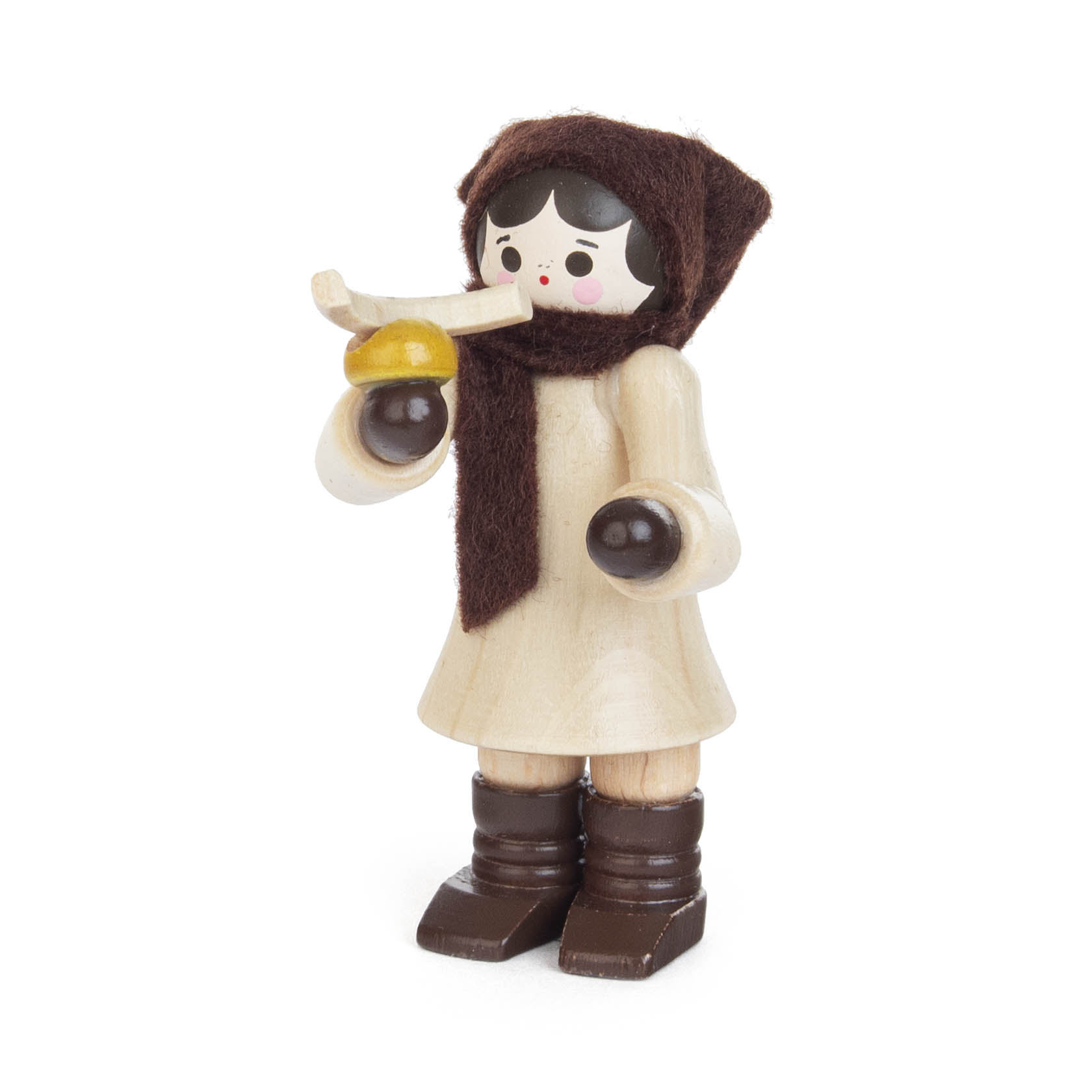 Wooden figurine of a mother wearing a brown headscarf and holding a small model of a sausage with both hands. im Dregeno Online Shop günstig kaufen
