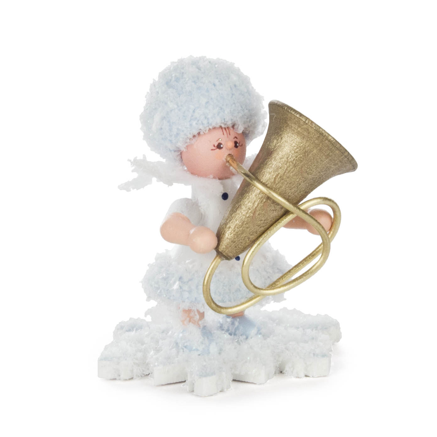 Kleine Figur eines Schneeflöckchens, das eine goldene Tuba spielt, mit flauschiger Mütze und Kleid, auf einer Schneeflocke stehend. im Dregeno Online Shop günstig kaufen