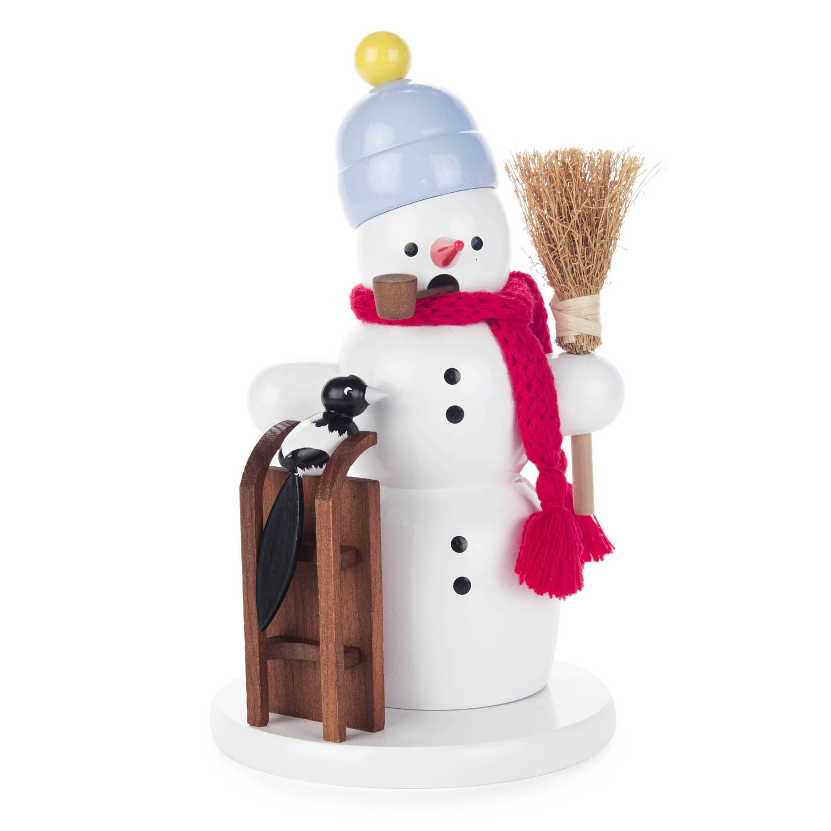 Räuchermann Schneemann mit Schlitten und Elster