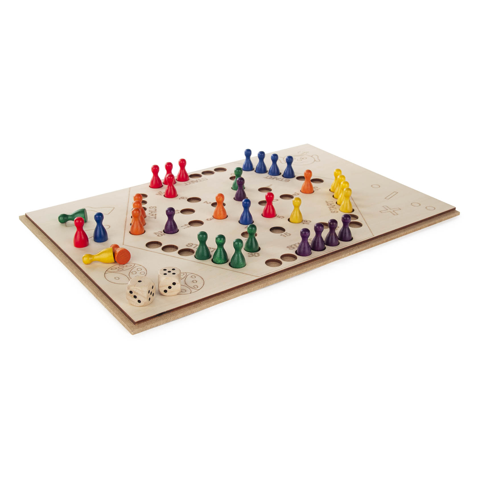 Wooden board game with colorful pawns in red, blue, green, yellow, and purple, positioned in a square path with two dice on the side. im Dregeno Online Shop günstig kaufen