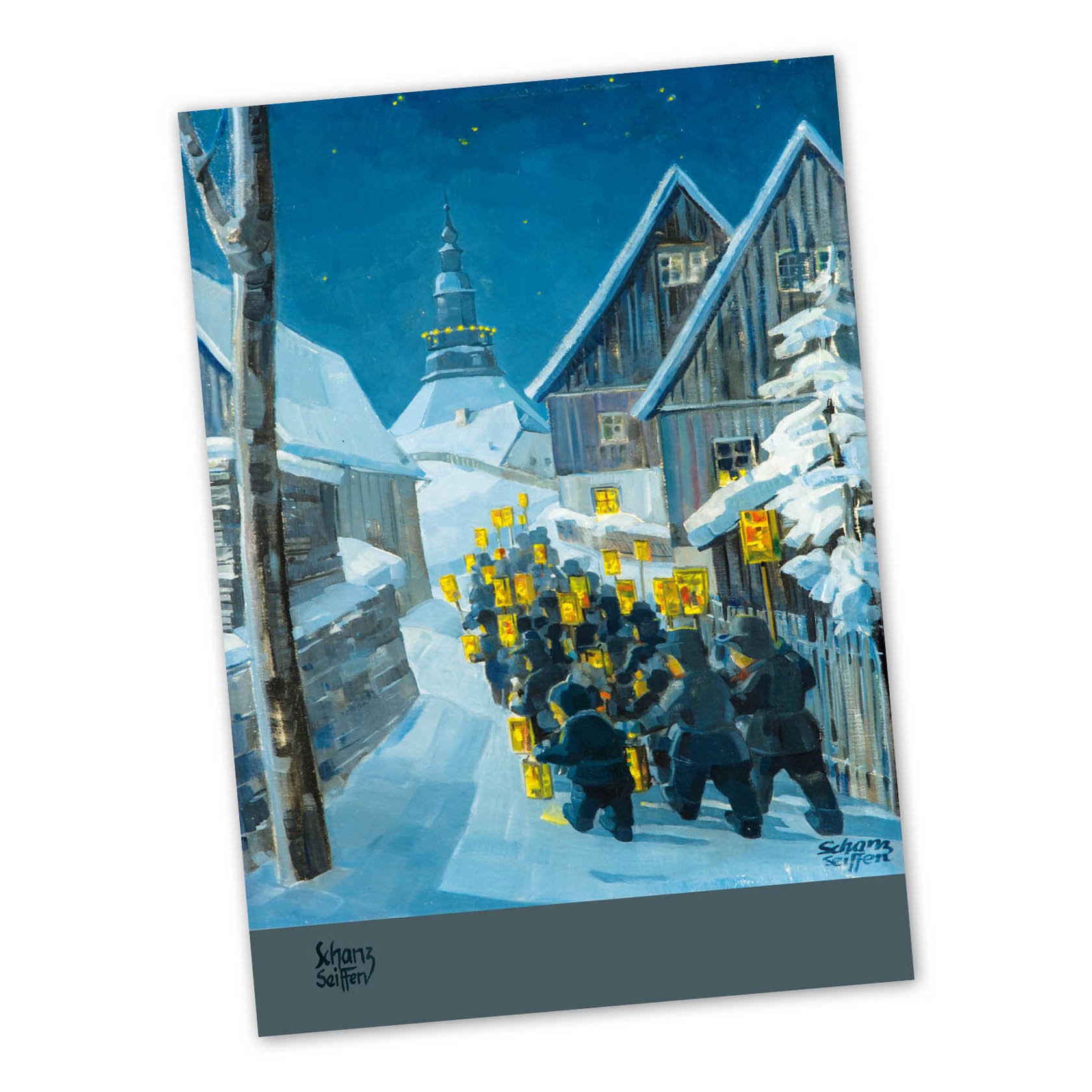 Gemälde zeigt eine Gruppe von Menschen bei Nacht mit Laternen, die durch einen verschneiten Weg marschieren, im Hintergrund traditionelle Fachwerkhäuser. im Dregeno Online Shop günstig kaufen