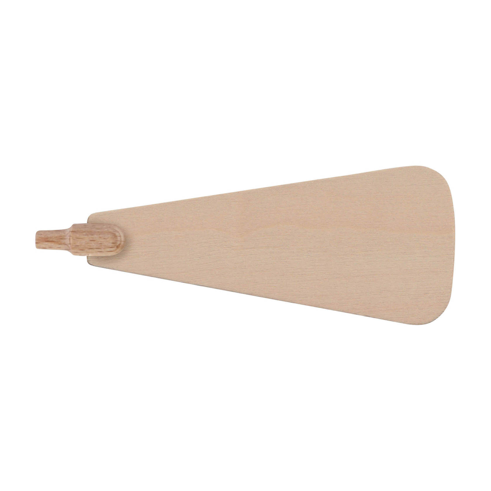 Wooden pyramid fan blade with a tapered shape and a peg at the thicker end.