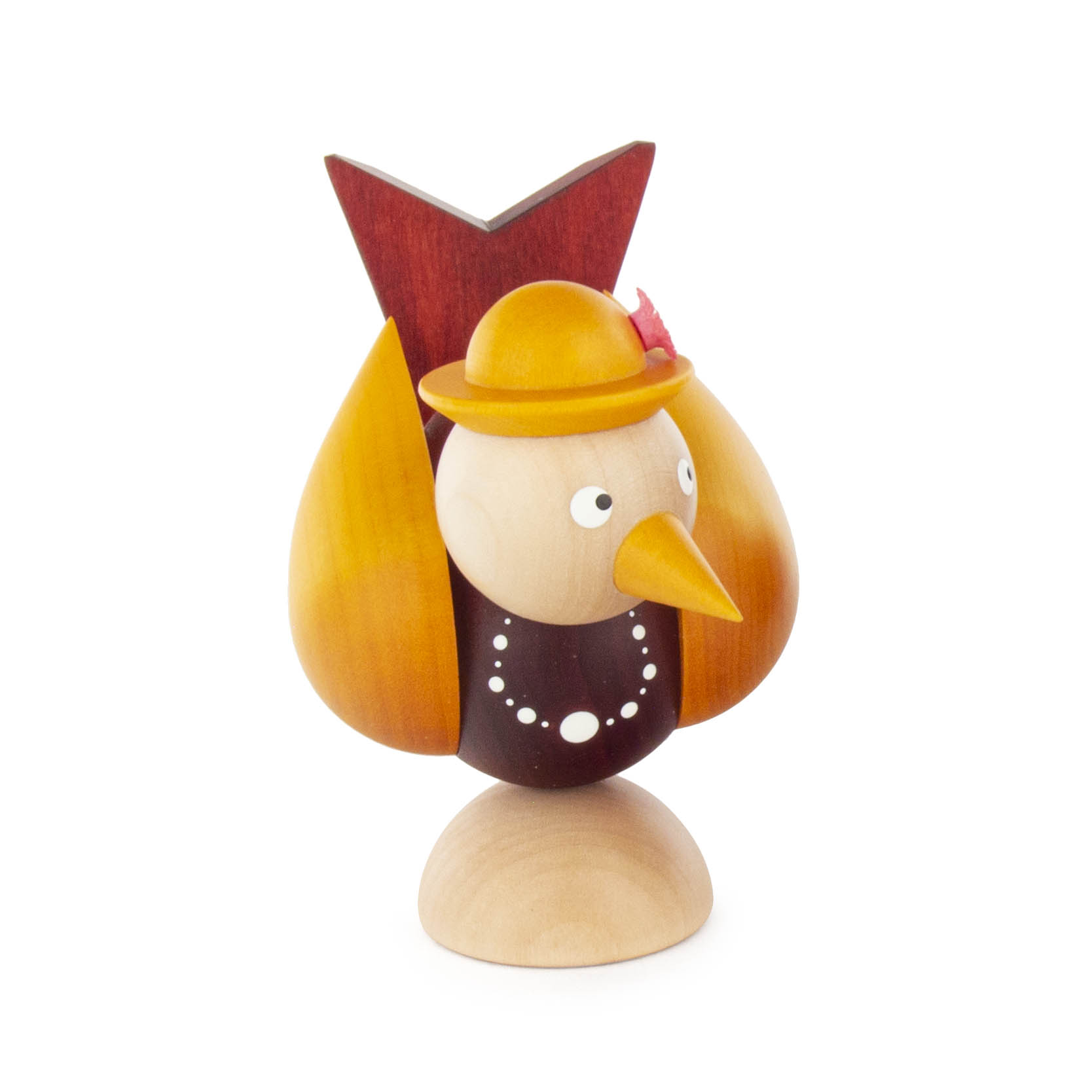 A wooden bird figure with bright colors, wearing a yellow hat with a red feather and a painted necklace. im Dregeno Online Shop günstig kaufen