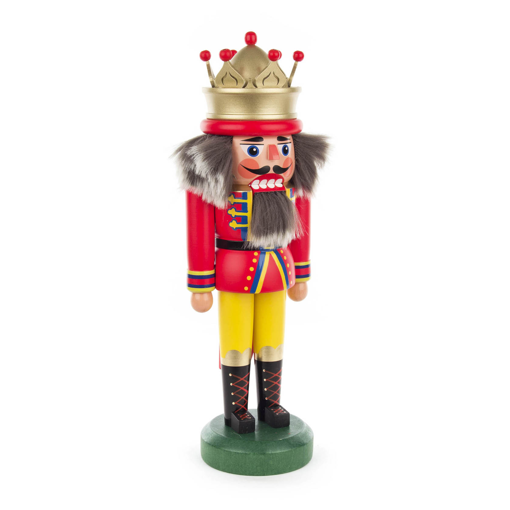 A red and matte finish nutcracker king, 30cm tall, with a gold crown, detailed facial features, grey beard, and traditional military attire, standing on a green base.