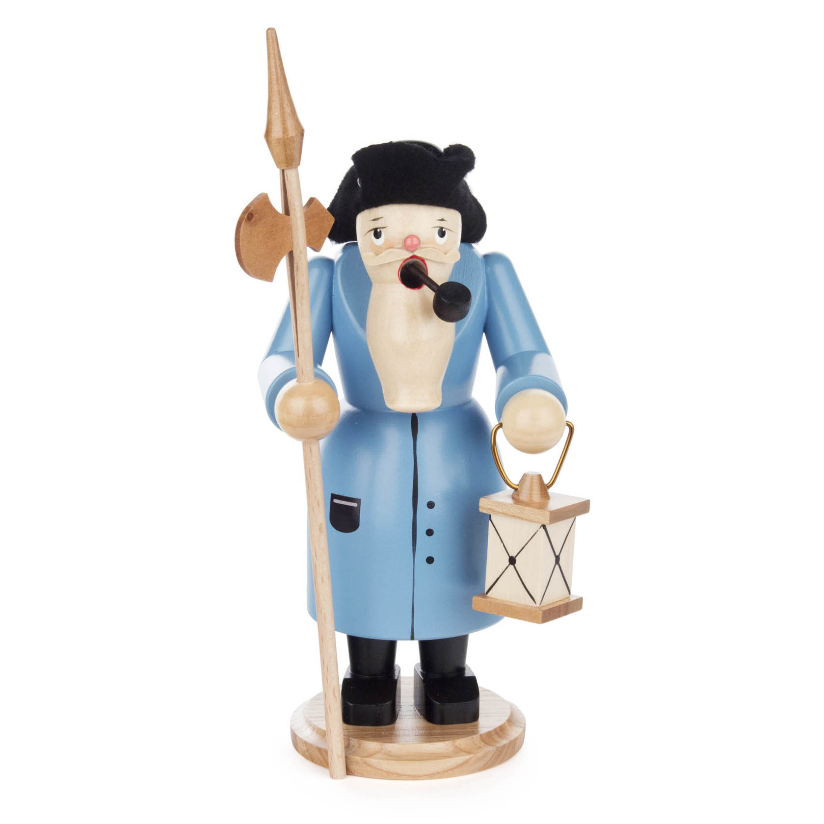 Wooden smokeman figure of a night watchman in a blue coat, holding a lantern and halberd, with a black hat and pipe.