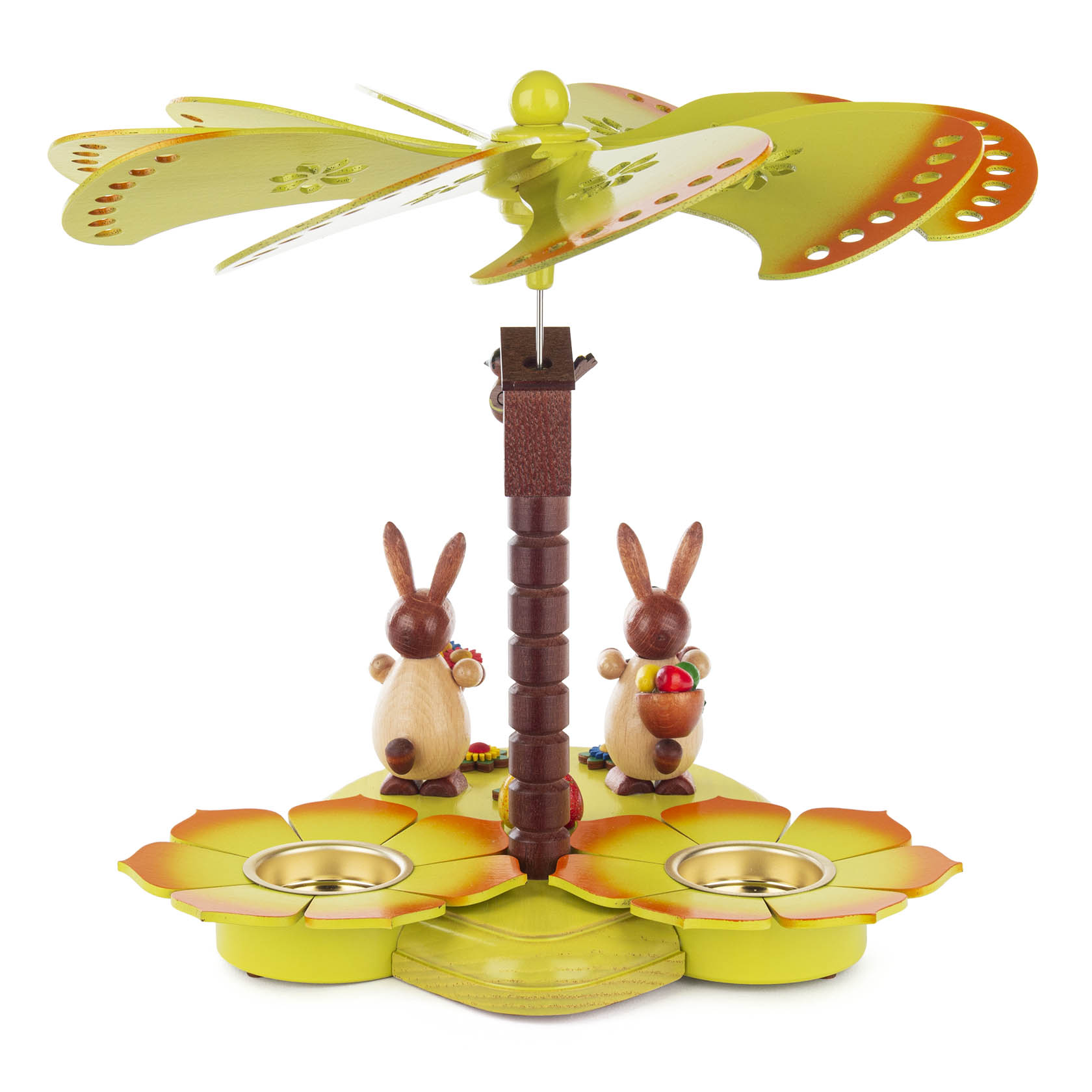 Colorful tealight pyramid featuring two wooden rabbits, one holding a carrot and the other a basket, with a floral rotating canopy above.
