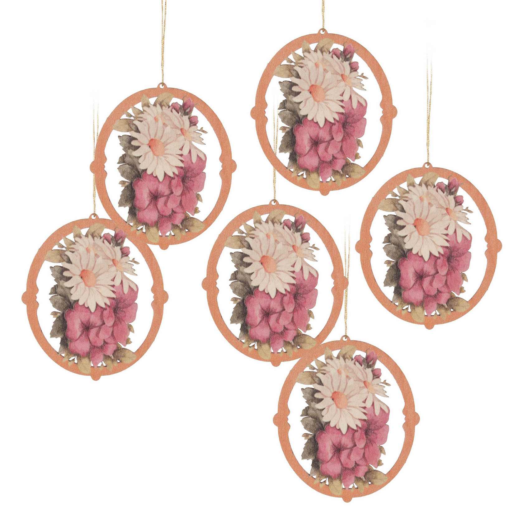 Sechs hängende Dekorationen mit Blumenmotiv zeigen Margariten und rosa Blüten in einer runden, holzfarbenen Einfassung.