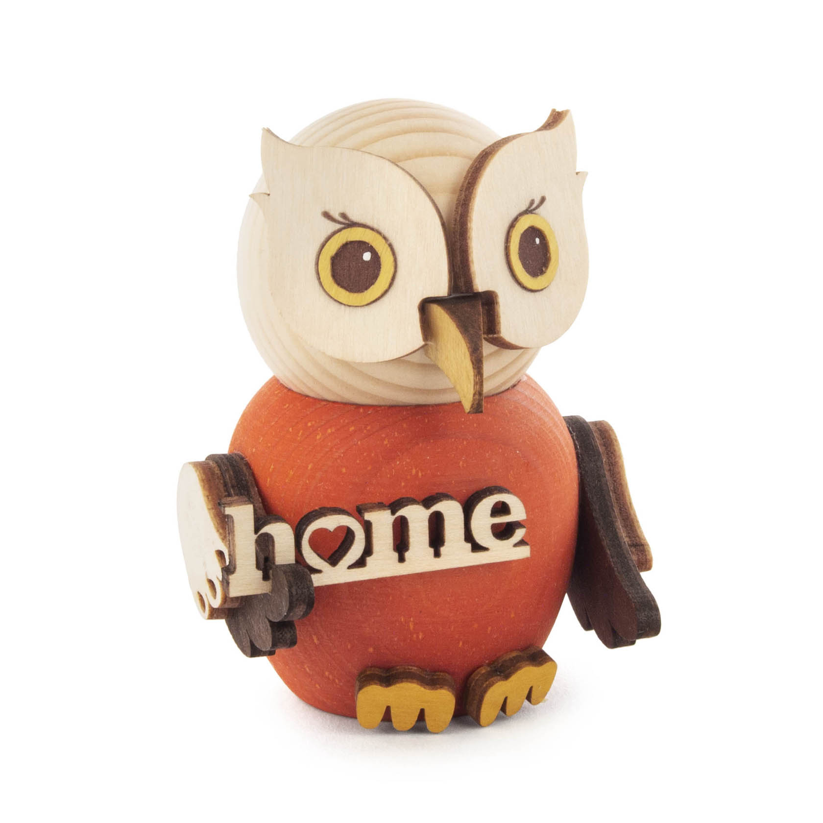 Wooden miniature owl with an orange body, holding a sign that says 'home' with a heart shape replacing the letter 'o'. im Dregeno Online Shop günstig kaufen