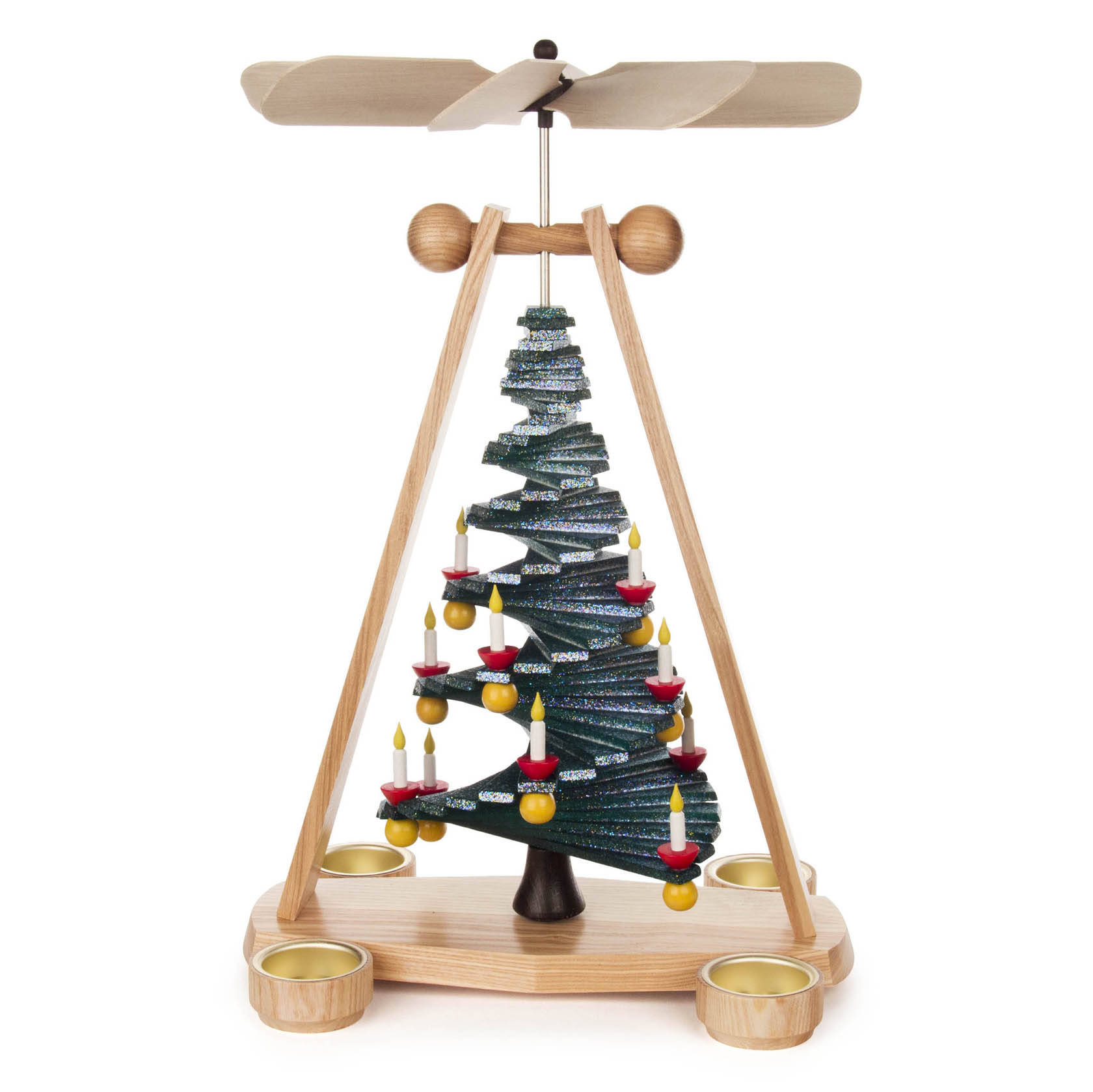 Holzpyramide mit spiralförmigem Tannenbaum-Design, verziert mit Goldelementen. Platz für vier Teelichter am Boden. Propeller oben. im Dregeno Online Shop günstig kaufen