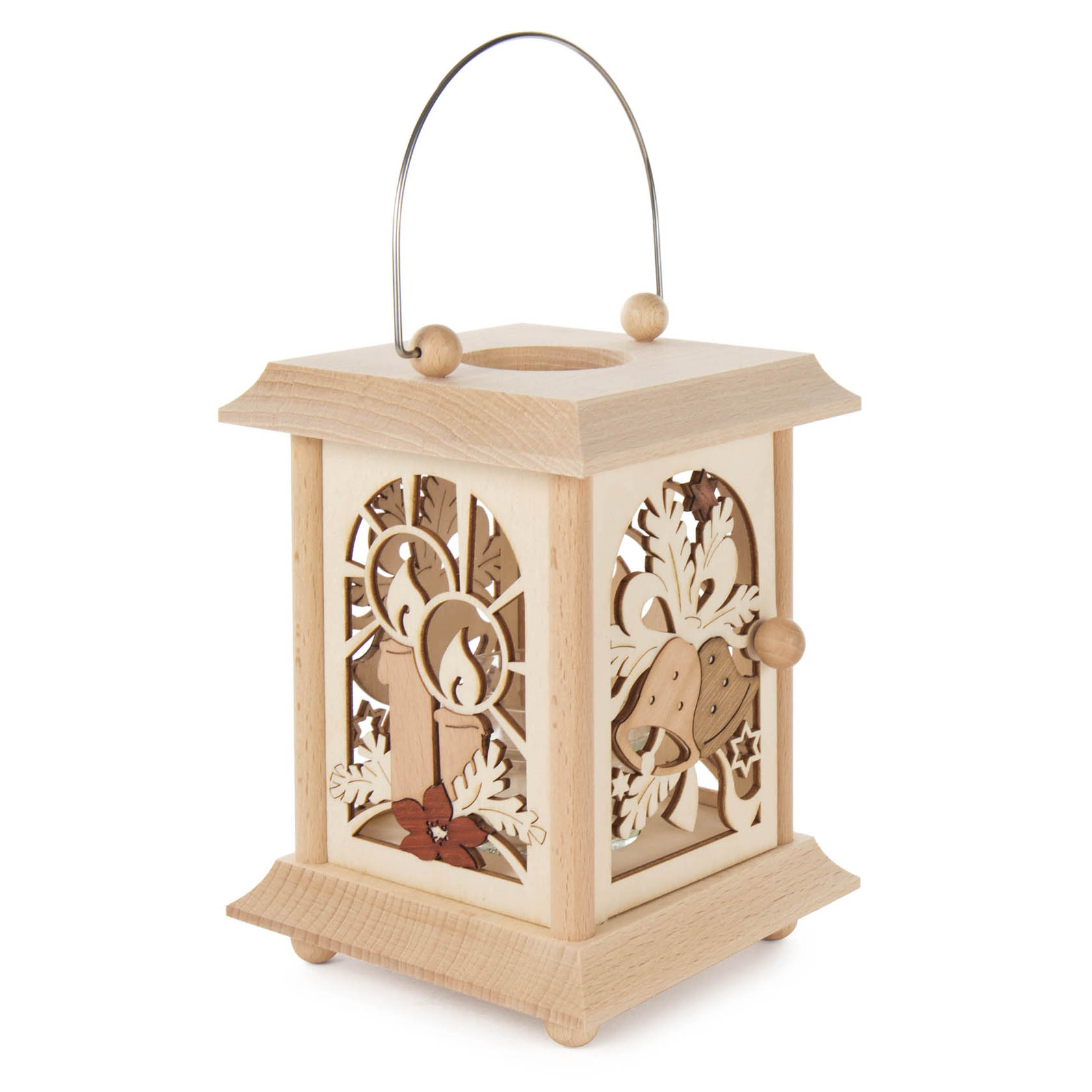 Dekorative Tischlaterne aus Holz mit weihnachtlichen Motiven, Glaseinsatz für Teelicht oder Votivkerze, Henkel zum Tragen.