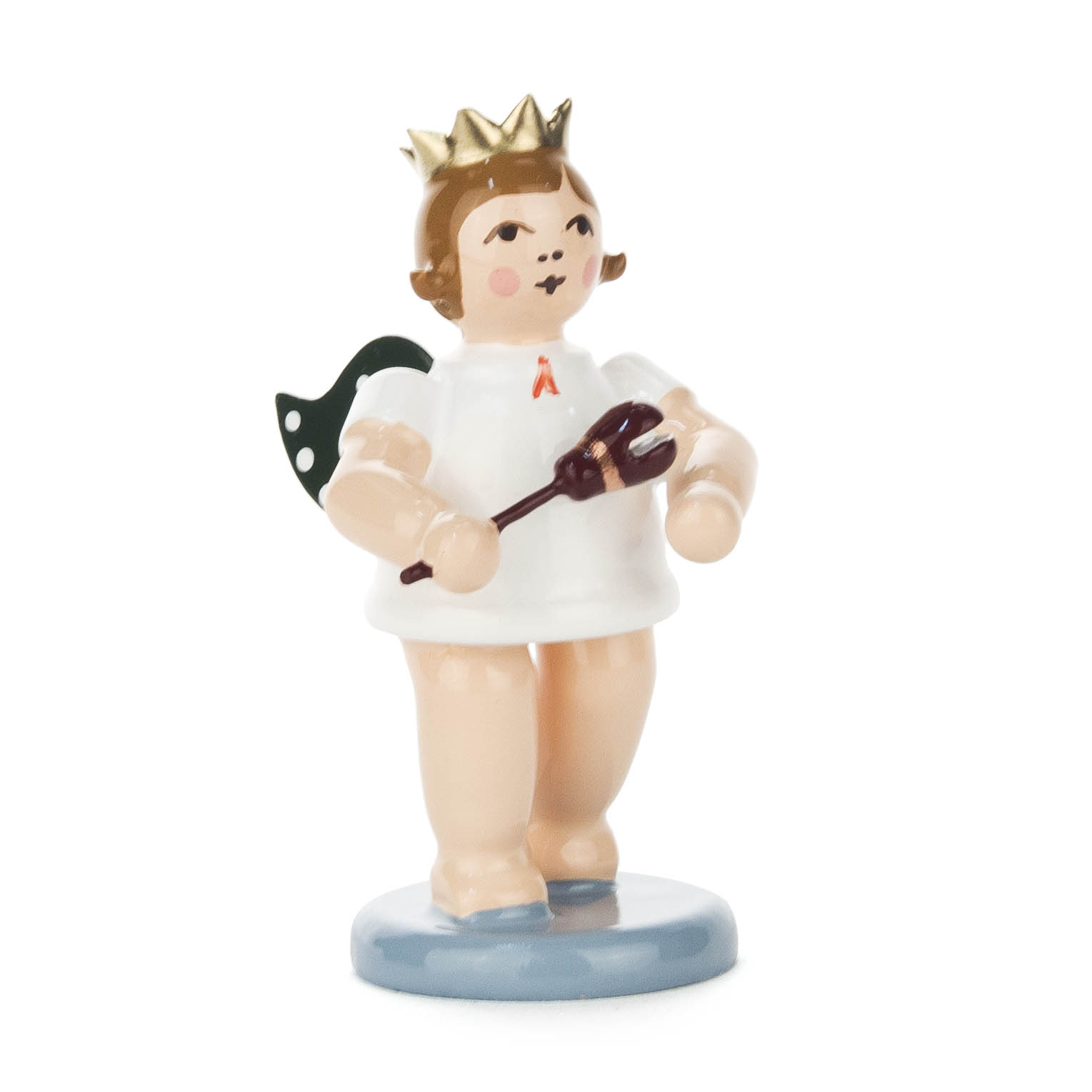 Angel figurine with a gold crown, wearing a white dress, holding a stalk castanet and has green wings. im Dregeno Online Shop günstig kaufen