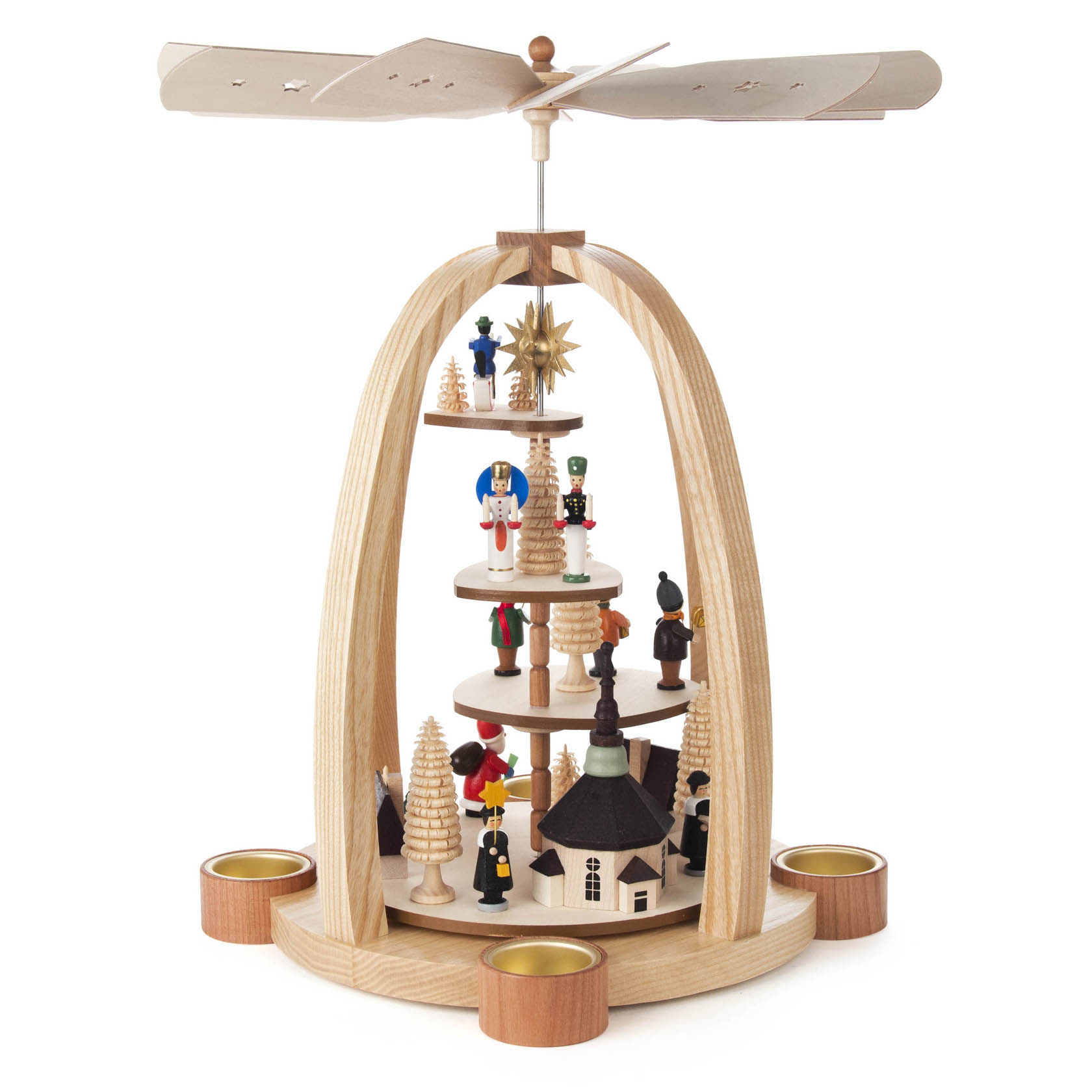 Holzpyramide mit drei Etagen, geschmückt mit Miniaturfiguren wie ein Weihnachtsmann und Engeln, angetrieben durch Teelichtwärme. im Dregeno Online Shop günstig kaufen