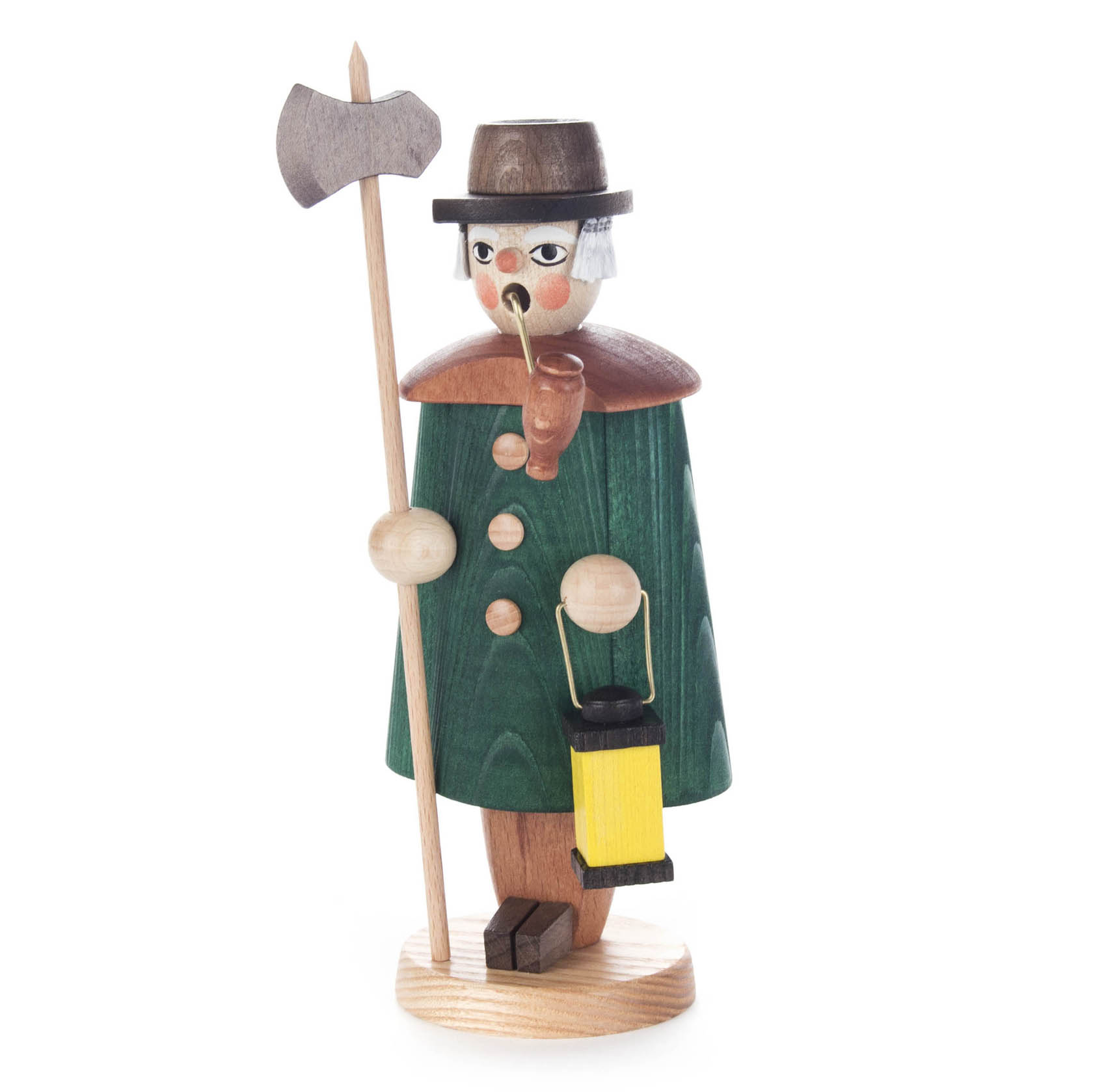 Ein bunter Räuchermann in Form eines Nachtwächters mit grüner Jacke, schwarzem Hut, Pfeife, Laterne und Hellebarde. im Dregeno Online Shop günstig kaufen