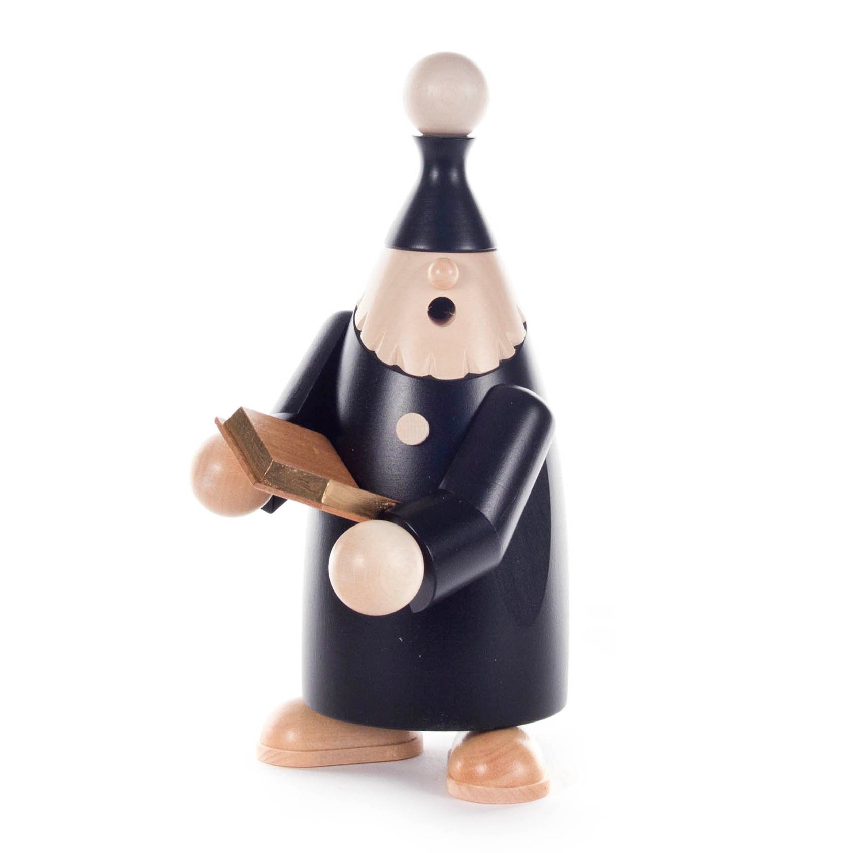 Holzfiguren-Räuchermann in Form eines Wichtels mit weißem Bart, schwarzem Gewand und einem goldenen Buch in den Händen. im Dregeno Online Shop günstig kaufen