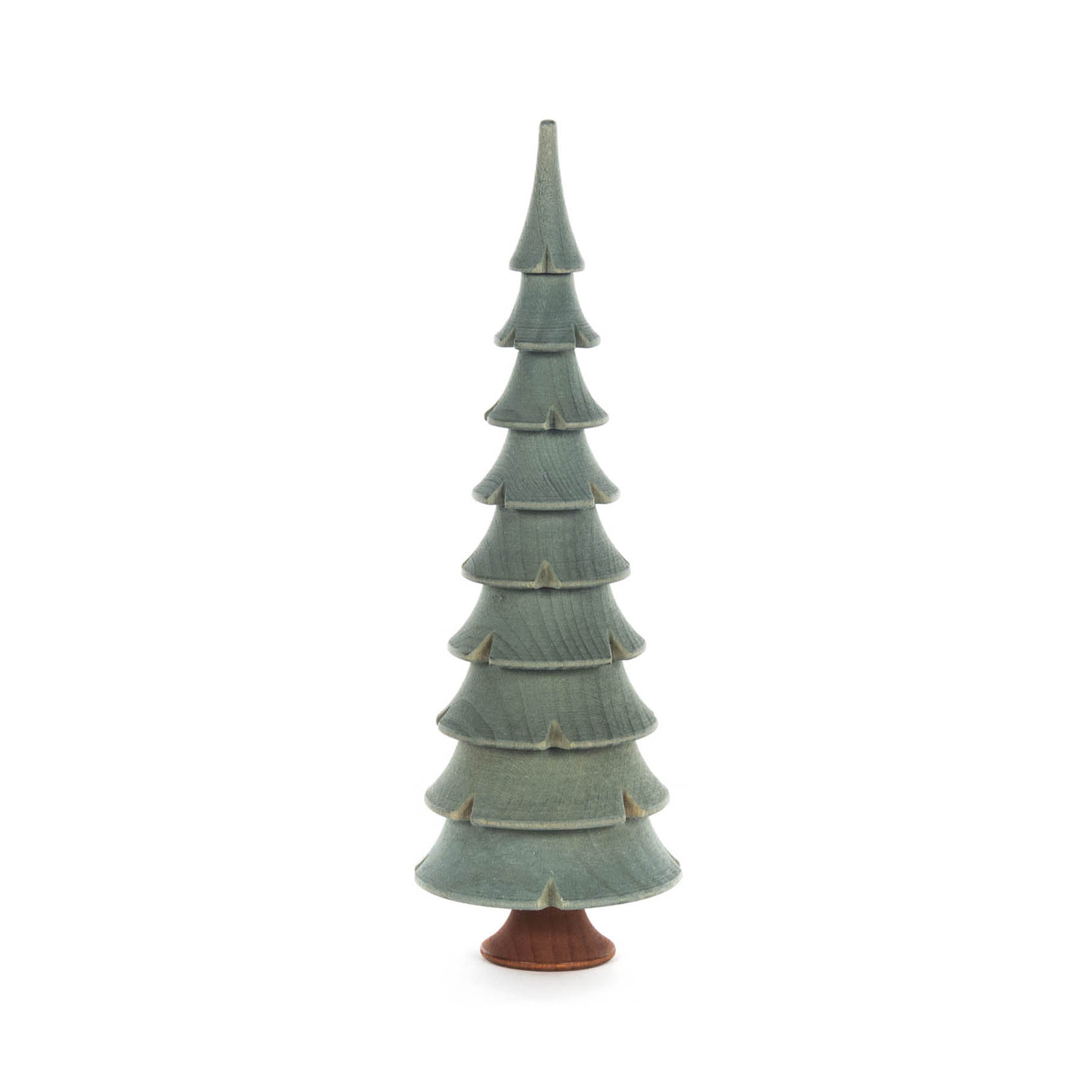 Ein grüner, 17,5 cm hoher Tannenbaum aus lackiertem Massivholz, mit schlichtem, stilisiertem Design und brauner, zylindrischer Basis. im Dregeno Online Shop günstig kaufen