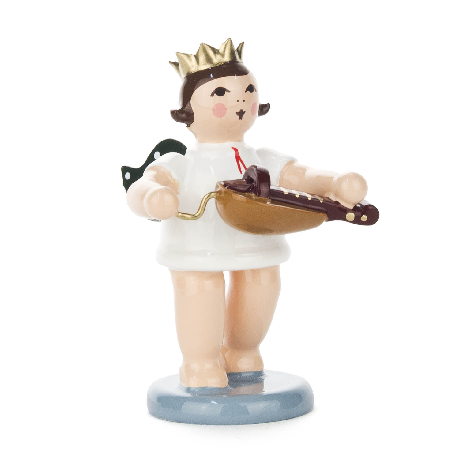 Wooden angel figurine with a crown, playing a hurdy-gurdy. The angel stands on a blue base, has small wings, and a short white robe. im Dregeno Online Shop günstig kaufen