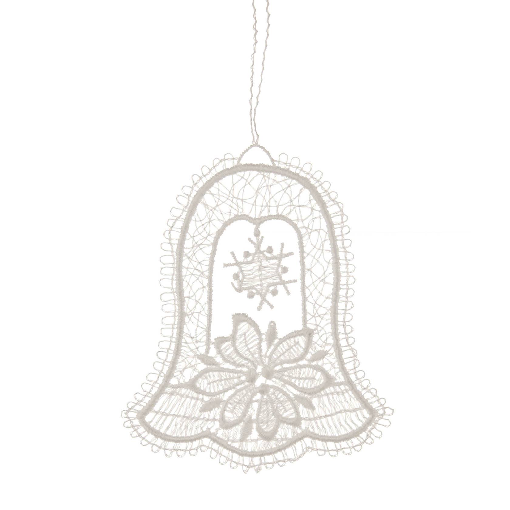 Weihnachtlicher Behang in Form einer Glocke aus Plauener Spitze, verziert mit einem Weihnachtsstern und einem Schneeflockenmotiv im Inneren. im Dregeno Online Shop günstig kaufen