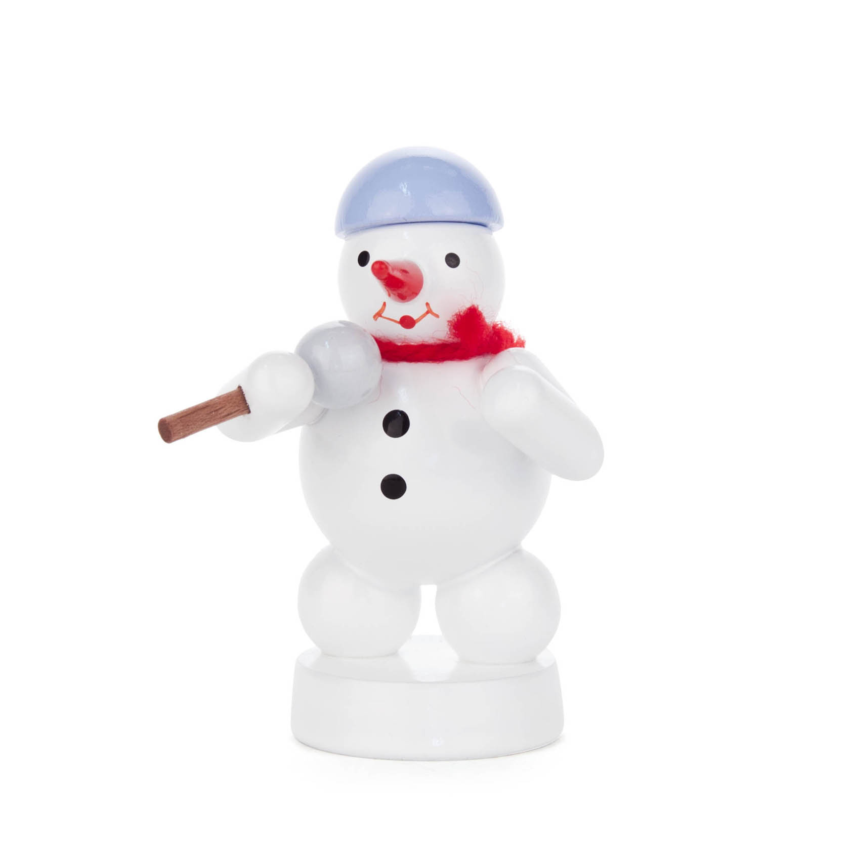 A small snowman figurine holding a microphone, wearing a blue hat and red scarf, with a carrot nose and black buttons. im Dregeno Online Shop günstig kaufen