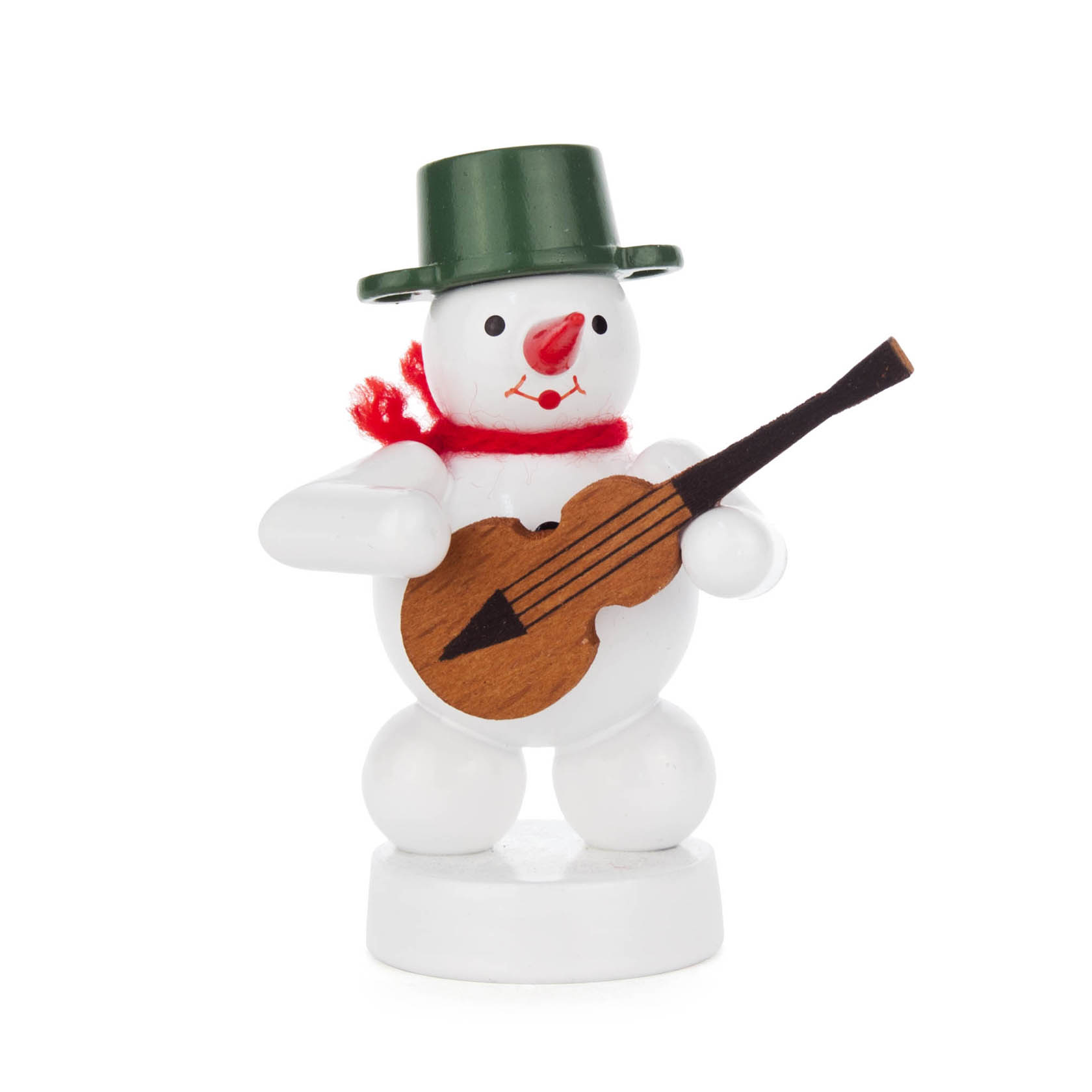 Kleiner Schneemann aus Holz mit grünem Hut, rotem Schal und Gitarre in der Hand. im Dregeno Online Shop günstig kaufen