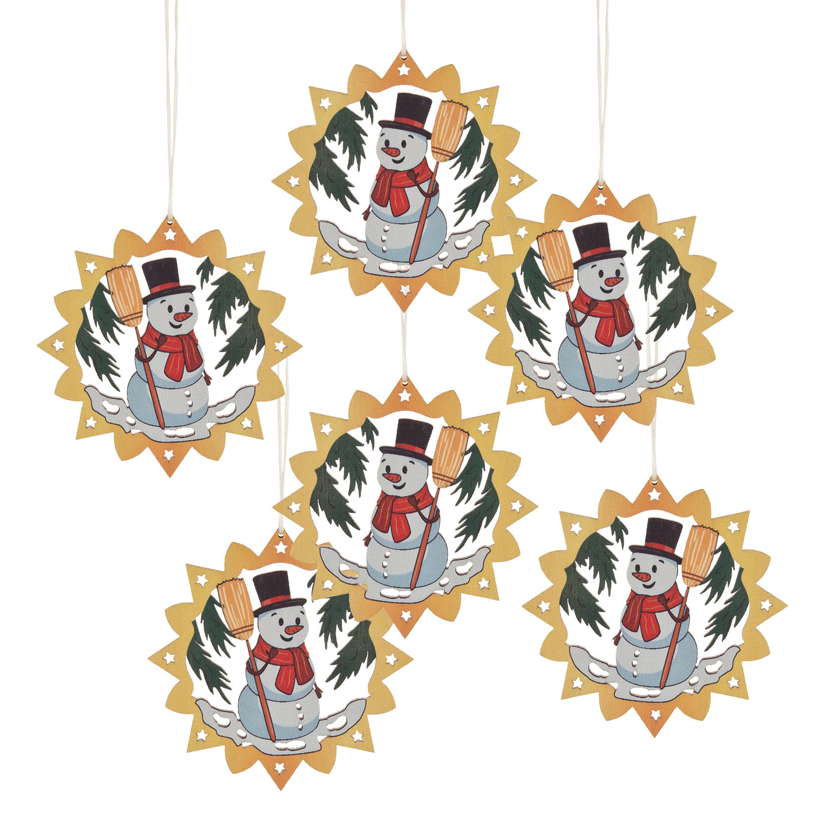 Sechs runde Weihnachtsornamente mit einem Schneemann-Motiv, umgeben von Tannenbäumen. Der Schneemann trägt einen Zylinderhut und einen roten Schal. im Dregeno Online Shop günstig kaufen