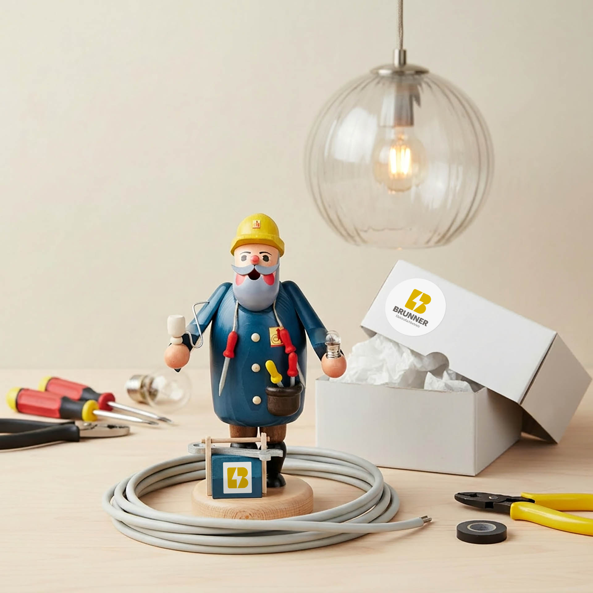 Ein erzgebirgisches Räuchermännchen Elektriker mit Logo als hochwertiges Kundengeschenk zu Weihnachten
