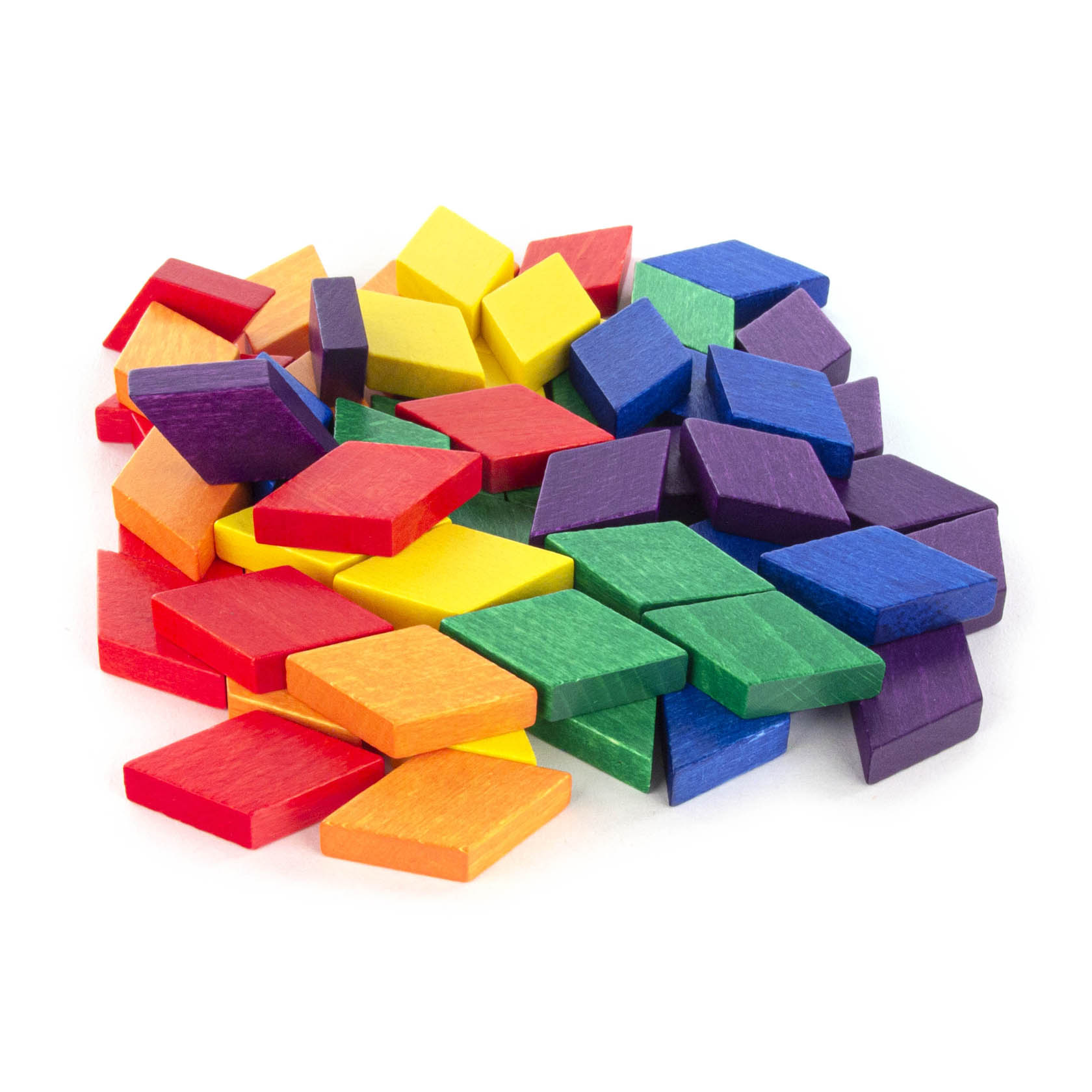 A collection of colorful wooden tiles in various shapes and colors, including red, yellow, green, blue, and purple, scattered in a pile.