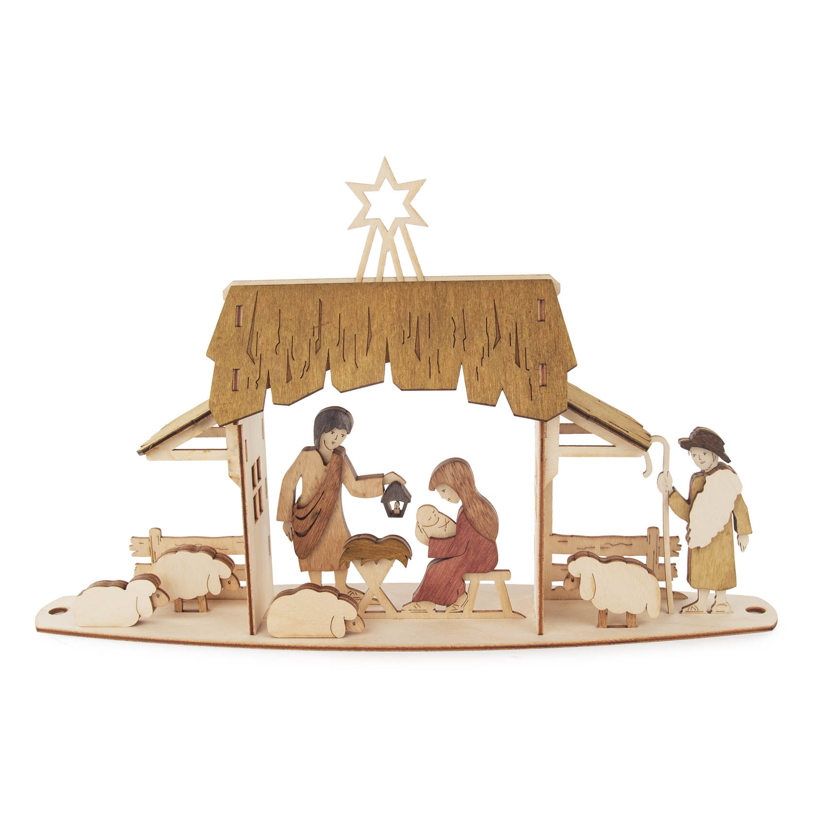 Ein Bastelset zeigt eine Krippen-Szene aus Holz mit Maria, Josef und dem Jesuskind in der Krippe, umgeben von einem Hirten und Schafen. im Dregeno Online Shop günstig kaufen